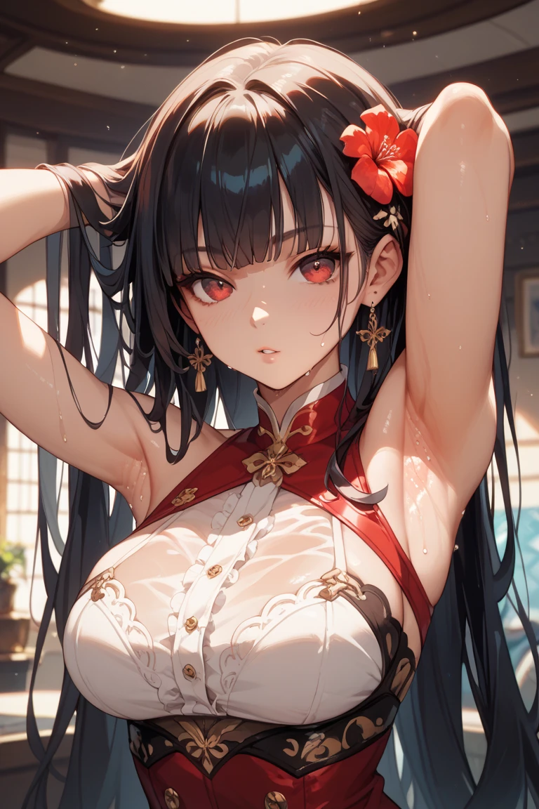 absurdres, RAW photo, extremely delicate and beautiful, masterpiece, Best Quality, ultra high resolution, 32k, hyperrealistic, ultra-detailed, in her 20s, delicate facial features, tearful mole, earring, medium breasts, full body shot, shorter middle hair, black hair, jiangshi, score_9, score_8_up, score_7_up, score_6_up, score_5_up, score_4_up,