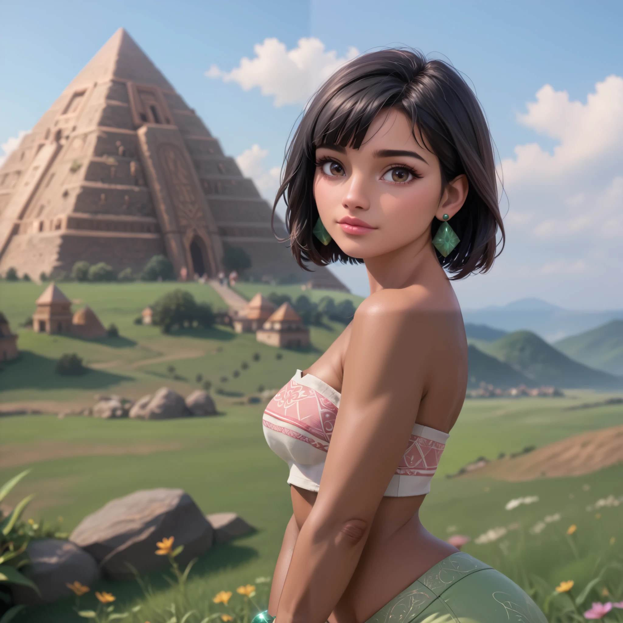 score_9, score_8_up, score_7_up, score_6_up, score_5_up, score_4_up, mesoamerican environment, green field, BREAK, medium breasts, silicone, woman, 1 girl, alone, (((character Chel))), ((brown skin:1.3)), adult, sexy, beautiful, curvy body, detailed hair, ((black hair)), ((she wears a pink strapless top with beige detail)), pink strapless top with beige detail, tube top, green bracelet, green earrings, beautiful hair, straight hair with bangs, bangs, light brown eyes, ((barefoot)), perfect eyes, big eyes, sexy, wide hips, seductive look, (((she is standing))), ((((looking at the viewer:1.2)))), (((front and side view))), ((((realistic face)))), (((looking at the spectator))), (((((show full body:1.2))))), [full body], (((closed mouth)), (((moans))), (((front angle))), ultra detailed, high resolution, super detailed skin, ((((8k)))), sharp focus, dynamic angle, detailed drawing, partially lit, dramatic lighting, blurred background. The detailed background of Mesoamerica, with a green field and a pyramid.