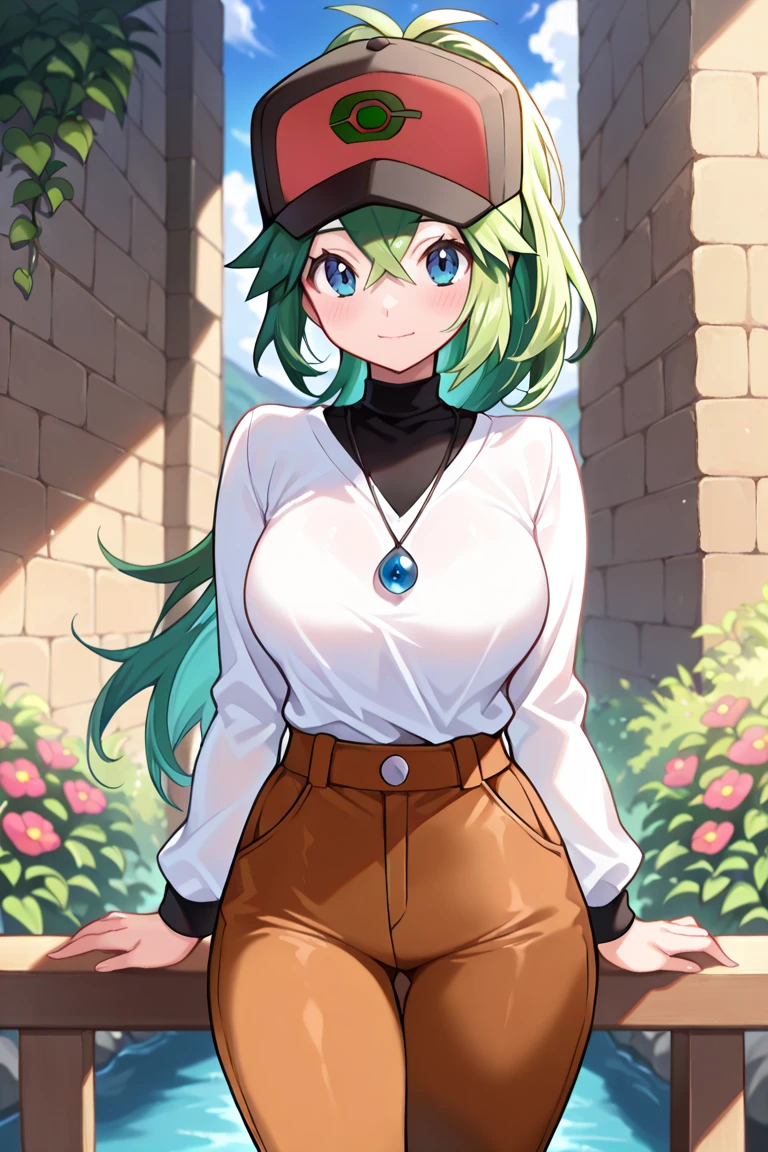 masterpiece , best quality , amazing quality , very aesthetic , absurdres , newest , scenery ,(cowboy_shot:1.1), solo_focus,looking_at_viewer,light_smile,(1girl:1.2),(genderswap_(mtf):1.2),pokemon_bw_style,{n_(pokemon)}green_hair,long_ponytail,hair_between_eyes,blue_eyes,black_hat,large_breasts,black_undershirt,white_shirt,long_sleeves,pendant,brown_pants,standing,flower,vulgarity,masterpiece , best quality , amazing quality , very aesthetic , absurdres ,newest,scenery,