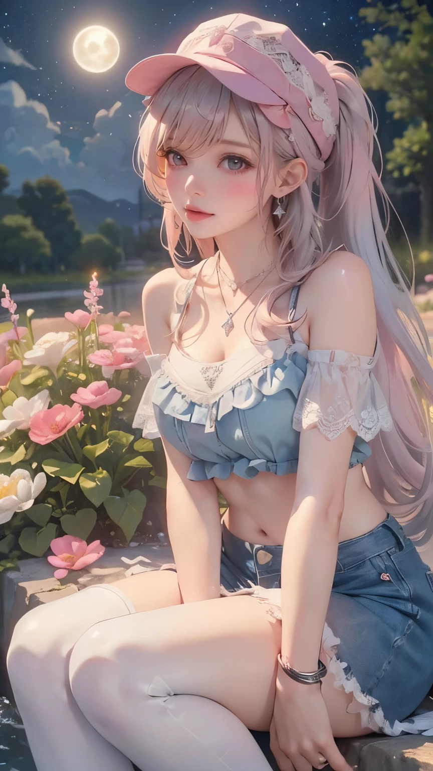 (masterpiece,【8k, Ultra-high resolution, Best Quality, , (((Looking back,Low Angle,from below,
((masterpiece:1.4, The best)), ((masterpiece, The best)),Low Angle,Beautiful ponytail silver pink hair,beautiful pink eyes,little cute girl,whole body, sit in waterfall,cute laugh,Denim Baseball Cap, ((Elegant summer bikini)), (White over the knee,Lace Chalk, Wristbands, diamond necklace,earrings),Cinematic lighting and pauses,Beautiful natural mystery park,many colorful flowers,starry night sky,full moon,