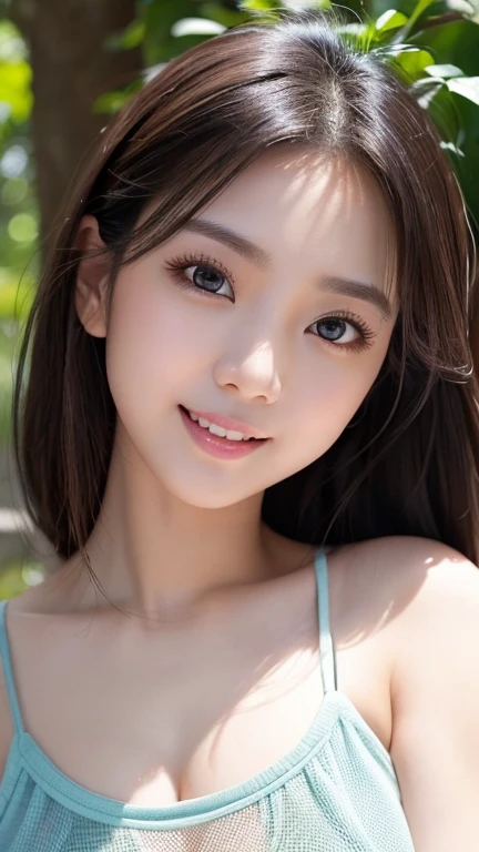 (1girl), (Angel face, kawaii face), beautiful, cleavage, (cute bikini:1.2), Angel smile, (Best Quality:1.4), 8K resolution, High resolution, Ultra High Definition, Superior Quality, Premier Quality, ultra detailed, Photorealistic, RAW Photos, highest quality, masterpiece, professional photography, Realistic portrait, Beautiful detailed, Outdoors, open-air baths, (soaking in a hot spring, forest, hot springs:1.2), Rock open-air bath, rocks, trees, plants, Sunbeams filtering through the trees, (Close up portrait of girl:1.2), (Fine face:1.2),
