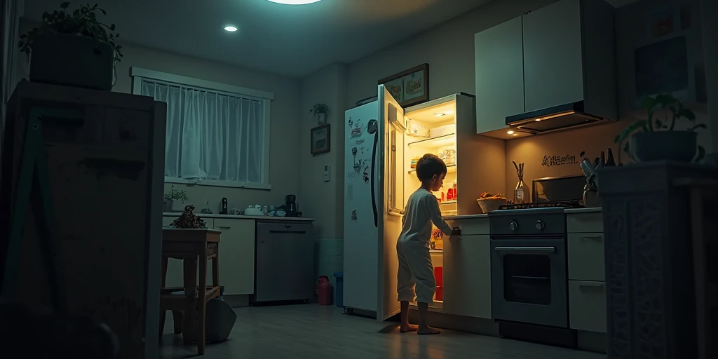 Makeup boy sneaking to the kitchen for food at night who is going to open the door of the kitchen now the boy open the fridge for food (different camera angle