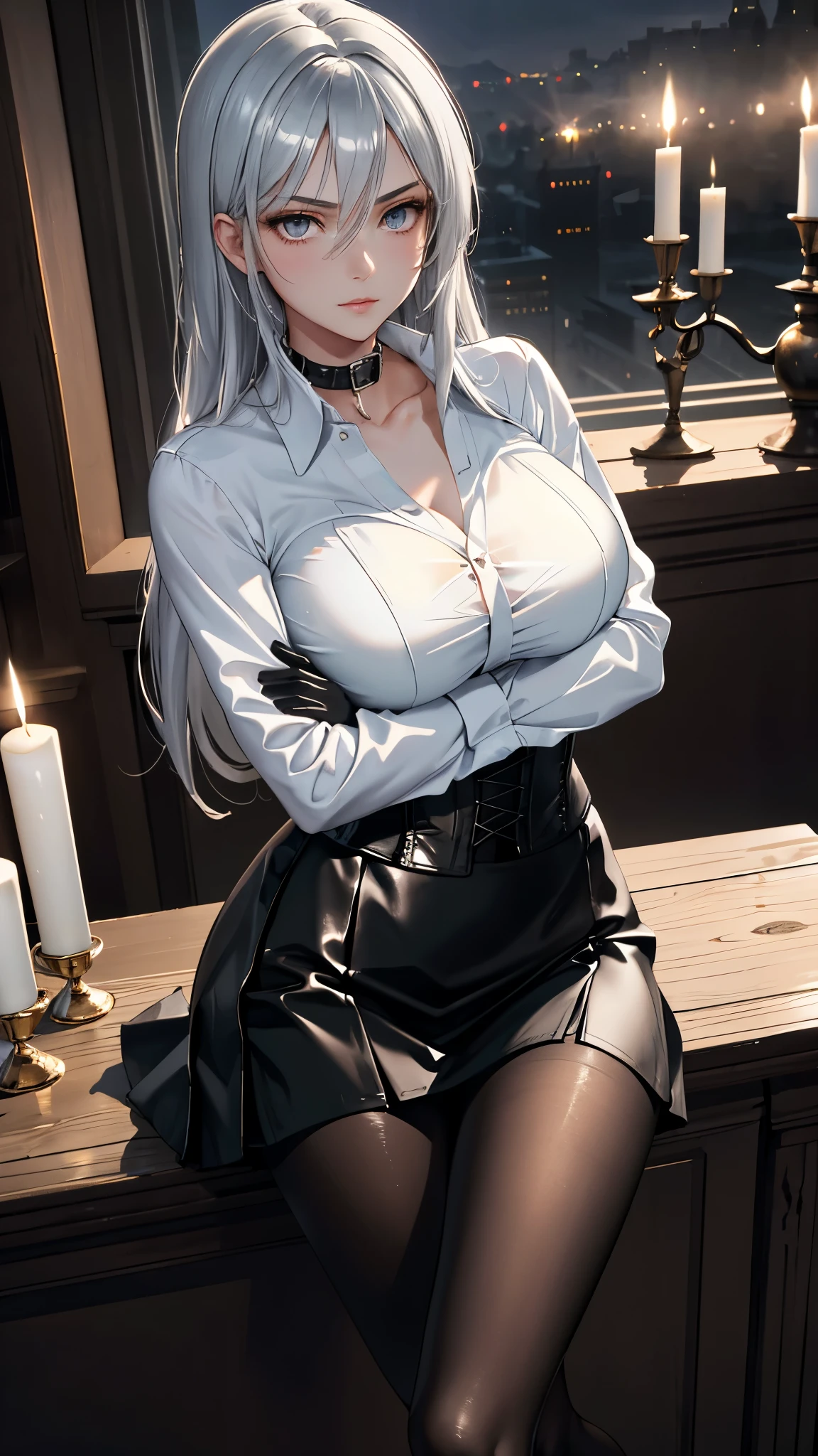 (masterpiece) Mulher ((cabelo negro preso em um cabo de cavalo alto, modelo plus size, olhos castalhos brilhantes, olhos detalhados, labios vermelhos)) vestindo (( top em couro preto e vermelho, black leggings and pleated skirt, bota de cano alto com salto, holding a book in one hand and a glass of wine in the other)) ambiente, sentada numa poltrona
