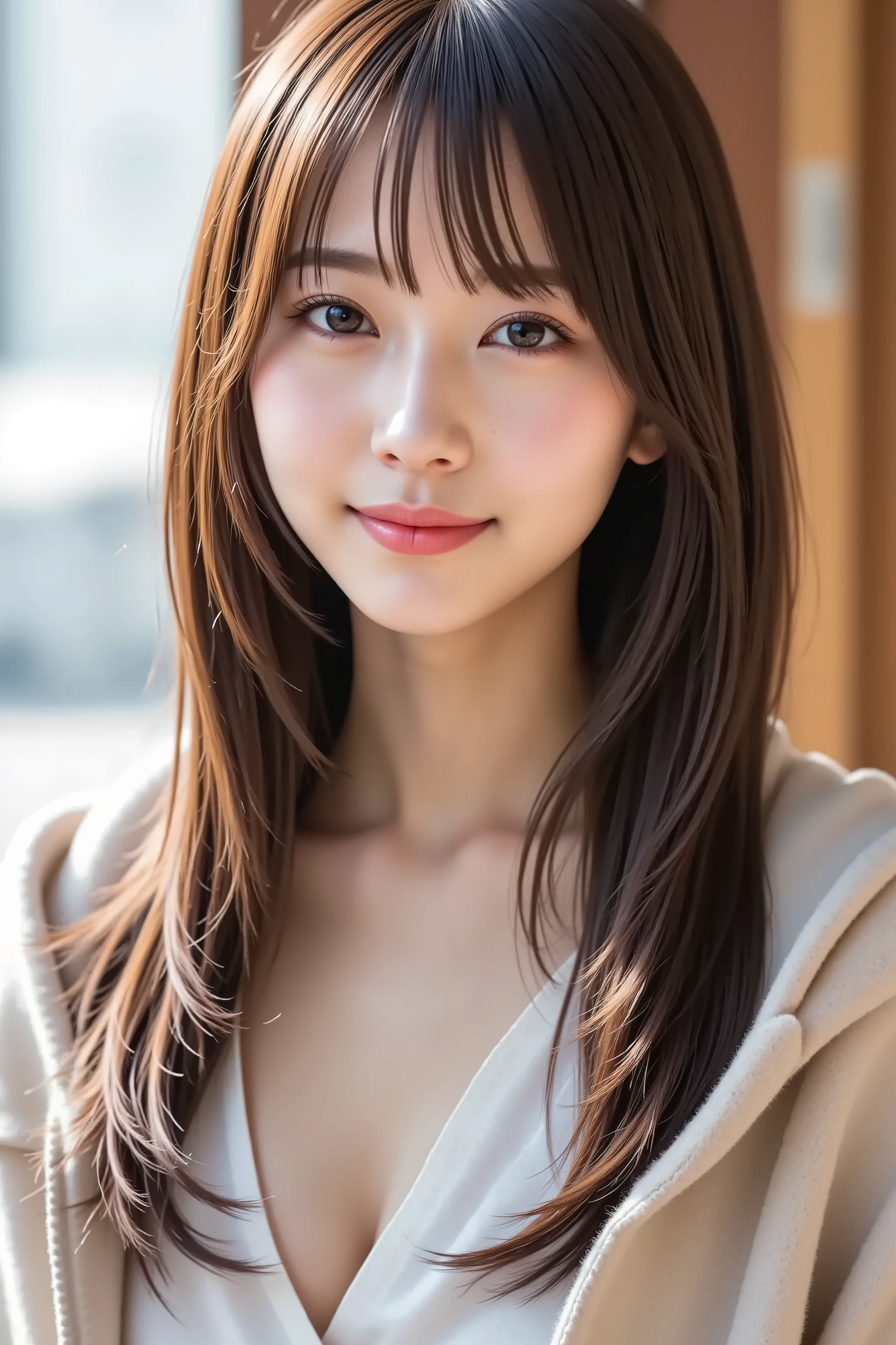 ((highest quality、Masterpiece、High resolution))、(((Zoom photo of upper body)))、(A shy smile:1.2)、One 15-year-old female、Beautiful Skin、Beautiful Eyes、Large Breasts、blazer、shirt、Brown Hair、Trimmed bangs、Wavy Hair