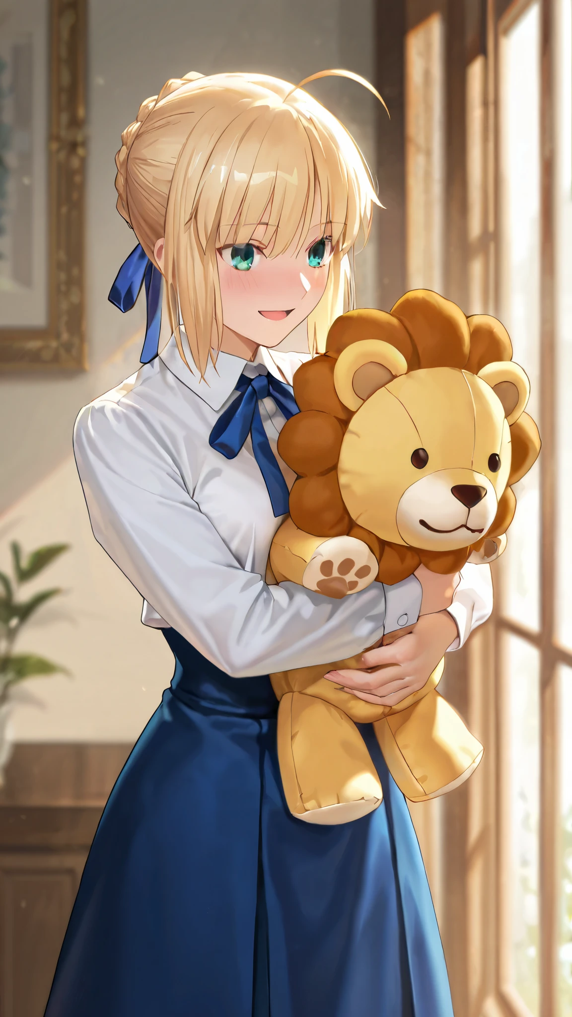 {{{masterpiece}}}, {{{best quality}}}, {{ultra-detailed}}, {illustration}, {{an extremely delicate and beautiful}}beauty,portrait, blushing masterpiece, best quality, amazing quality, very aesthetic, high resolution, ultra-detailed, absurdres, newest, scenery, cute, {Prompt}, BREAK, depth of field, photorealistic, masterpiece, best quality, amazing quality, volumetric lighting 1girl artoria pendragon, artoria pendragon \(fate\), saber, blonde hair, green eyes, ahoge, small breasts,neck ribbon, blue ribbon, white shirt, collared shirt, long sleeves, blue skirt, high-waist skirt, long skirt, black pantyhose best quality real texture skin openmouth smile , standing, cowboy shot (((object hug Lion Stuffed toy)))