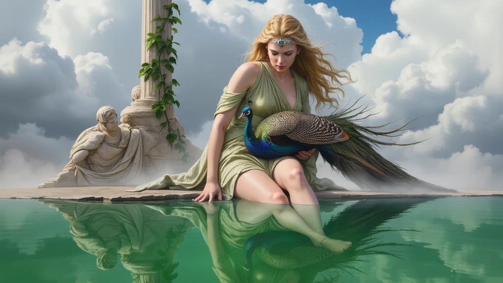 fantastic realism, masterpiece, super detailed, 1 beautiful girl, hugging a giant peacock, plain, background lake, detailed background, (top quality, Alessandro Casa Grande, Greg Rutkowski, Sally Mann, concept art, 4k),
