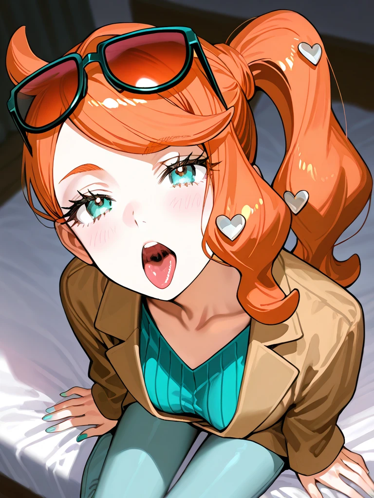 { top quality , masterpiece, high definition, anatomically accurate ,Delicate coloring 、Delicate hair , detailed legs, }, masterpiece, (top quality), high definition, score_9, score_8_up, score_7_up、[4K、8k]、 (perfect anatomy:1.1),,、masterpiece, best quality,  1girl , [(Wada Arco picture)、Wada Arco paint 、、,Wada Arco picture柄],Shirabi painting、 、R-18、 waiting to ejaculate、、Delicate use of colour、 is panting、Delicate lines、(The inside of the mouth is visible)、Front 、I'm sticking my tongue、、stick out their tongues、、Bust Up,、bird&#39;s-eye view、sitting、 dark room,R-18、 waiting to ejaculate、wearing clothes,looking up、(alone）、(大きくopen your mouth)、close、throat、((Uvula  ))、Deep throat、(tsurime)、#

#
Pokemon Sonia, Pokemon Sonia,  Aqua Eyes,  heart heartrnament, long hair, LONG SLEEVE, orange hair, side ponytail that bends forward, Swept-apart bangs,
aqua footwear, Aqua Nail, aqua  shirt, brown  comments, brown jacket,  comments, collarbone, eyewear on the head, jacket, LONG SLEEVE, orange-colored glasses ,   pants, ribbed  shirt,  shirt, sunglasses, colored glasses 
#
,, low eyebrows、straight eyebrows、blushes,、Smirk、New York、looks happy、laughs、 heart,(Slightly Happy :1.1), (small smiles:1.1),blushes、torogao
#
,、 (Love Hotel 、on the bed、dark vibe)、Front ispiece、composition looking down on、Front 構図、((Put your hands down)),(Square face)、Put your hands down、forward sling、
#
