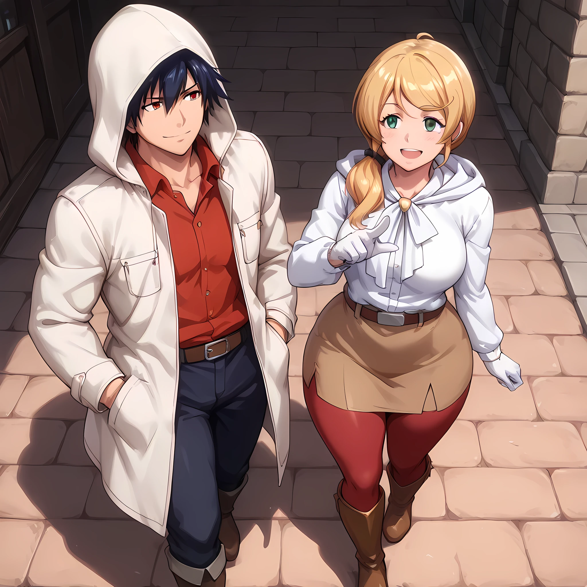 (1man with the appearance of Gray Fullbuster, toned body, 1man with his hands in the pockets of his long red pants, white hooded coat, red shirt underneath the coat, 1man with blue eyes) | ((1man walking through the fantasy anime style village, looking at the stalls of some nearby vendors, 1man and 1woman)).BREAK.(1woman with the appearance of Ellen Baker, curvy body, 1woman with large breasts pointing to some old medieval shops with an infectious smile, woman wearing a brown skirt that fits tightly on her fleshy thighs, a burnt yellow blouse that fits tightly on her large breasts, white gloves tight on her hands, brown leather boots, long blonde hair tied in a ponytail, 1woman with red eyes), ((1woman smiling in satisfaction, 1woman walking in a fantasy anime style village, walking in the middle of the very busy village in the afternoon, 1woman and 1man)) | ((better image quality, better sharpness, better saturation, better vibrancy, better color balance, better shading, full HD, better facial detail quality)), ((anime village with lots of people around, better resolution, richness of scene details, lighting balance)), (high angle, close-up).