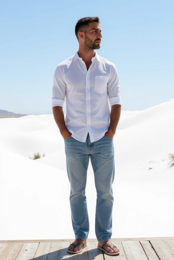 (medium shot:1) photo of man sc_walker <lora:sc_walker_sfw_00001:0.75> wearing a thin, fitted Henley shirt and tailored linen trousers posing next to a sand dune in Wyoming, Twilight, right after sunset, soft and dusky blue ambient light from the setting sun casts a serene glow on the dunes, (Peter Lindbergh), ethereal, contemplative, and introspective, solitude, minimalistic accessories, (sand blowing:0.5), dynamic pose, (distant cityscape:1)