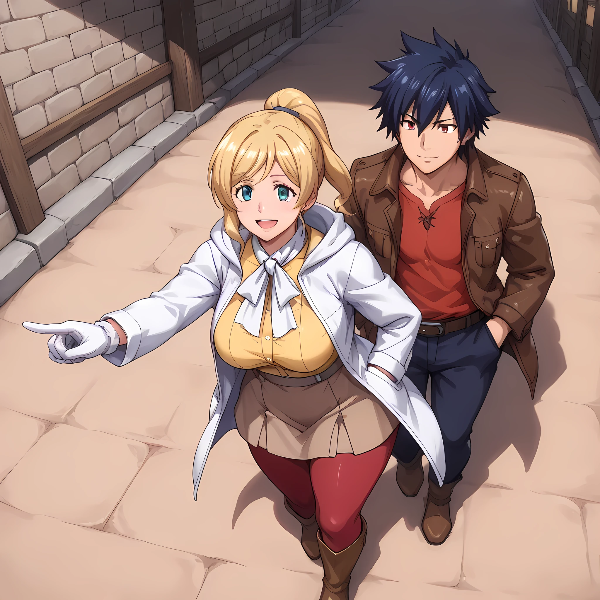 (1man with the appearance of Gray Fullbuster, toned body, 1man with his hands in the pockets of his long red pants, white hooded coat, red shirt underneath the coat, blue eyes) | ((1man walking through the fantasy anime style village, looking at the stalls of some nearby vendors, 1man and 1woman)).BREAK.(1woman with the appearance of Ellen Baker, curvy body, 1woman with large breasts pointing to some old medieval shops with an infectious smile, woman wearing a brown skirt that fits tightly on her fleshy thighs, a burnt yellow blouse that fits tightly on her large breasts, white gloves tight on her hands, brown leather boots, long blonde hair tied in a ponytail, woman with red eyes), ((1woman smiling in satisfaction, 1woman walking in a fantasy anime style village, walking in the middle of the very busy village in the afternoon, 1woman and 1man)) | ((better image quality, better sharpness, better saturation, better vibrancy, better color balance, better shading, full HD, better facial detail quality)), ((anime village with lots of people around, better resolution, richness of scene details, lighting balance)), (high angle, close-up).