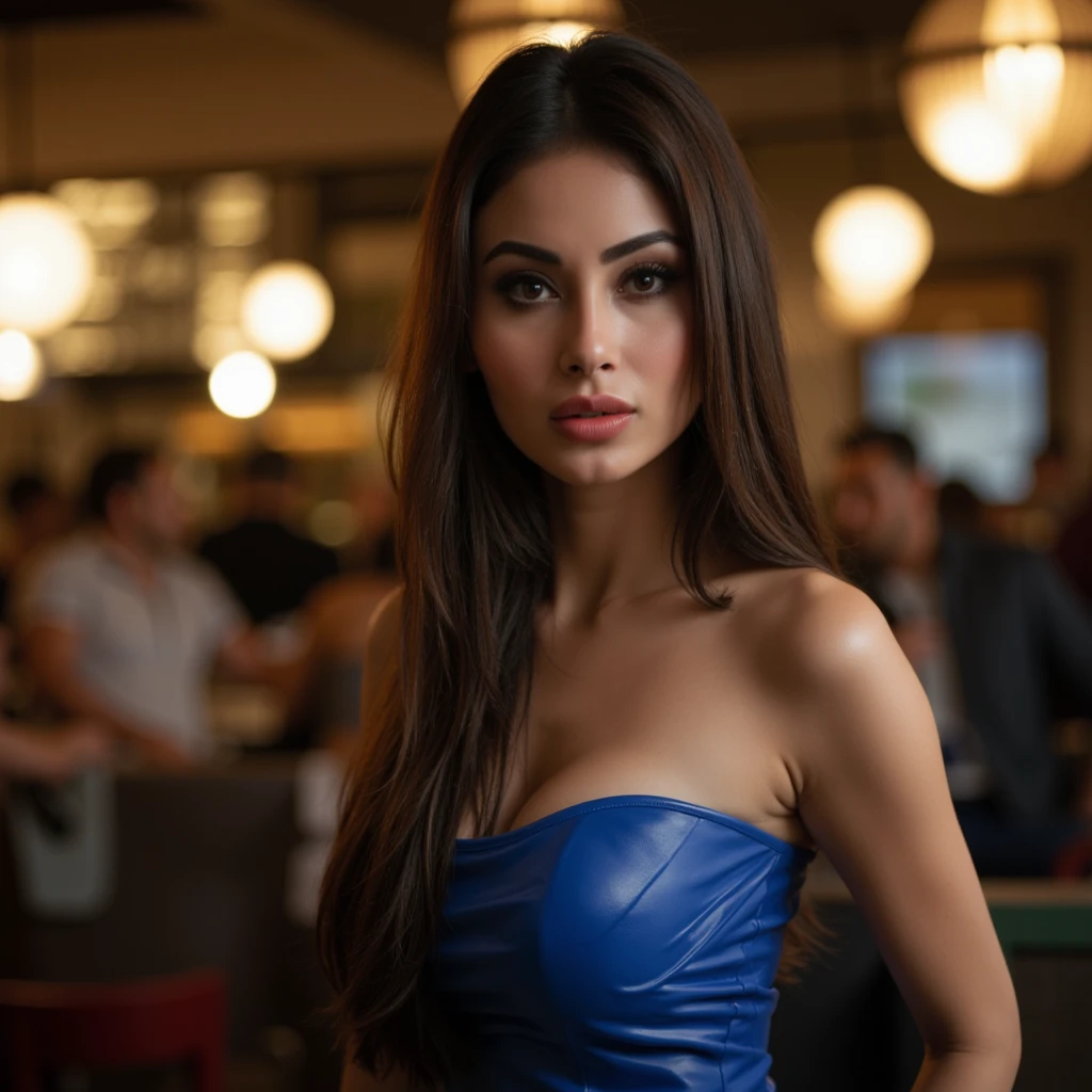 (masterpiece, photorealistic:1.4, extremely intricate:1.3), (photon mapping, radiosity, physically based rendering, ultra resolution, hyper-realistic, photorealistic:1.4, hyper-realistic, 8K), ((((closeup breasts, [small breasts:medium breasts:0.4], closeup portrait, [supermodel:athlete:0.2], (cheekbones)), long straight ponytail ([glossblack hair:dark hair:0.7], [makeup:freckles:0.8])), necklace), brown eyes), smile. laugh, BREAK, (((indoor, restaurant, party, night, dark, shadows, (white purple chinoiserie elegant:1.3 dress))))