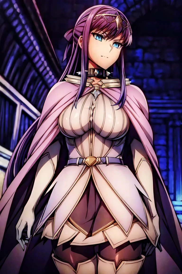masterpiece, best quality, extremely detailed, 1girl, mature female, solo, (gigantic breasts:1.2), (((purple hair, long hair, purple eyes, pointy ears))), parted lips, (((outfit-cf, pubic tattoo, elbow gloves, black gloves, strapless bottom, thighhighs))), ((yandere trance, evil smile), closed mouth), ((hands on own face, dystopian city, dark sky, storm clouds))