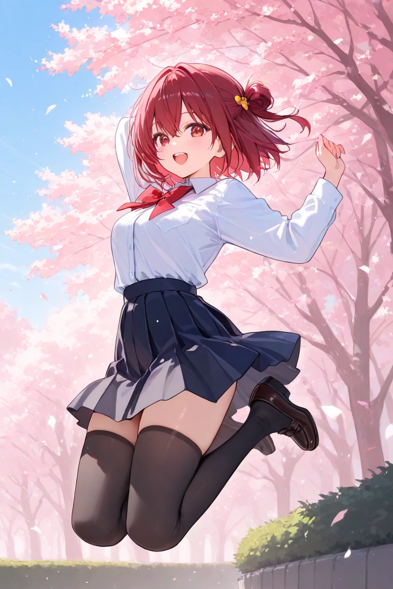 High quality, high definition, hig
h precision images,8k 1 Girl Robot Girl、red hair,Twin tails,Red eyes,Leaning forward Head decoration、School stuff,have a student bag,The cherry blossoms bloom,back view,The wind blows and you can see a little of your panties.、Robot style barrette,smile、black jacket, white shirt,pink ribbon on chest、skirt fluttering in the wind