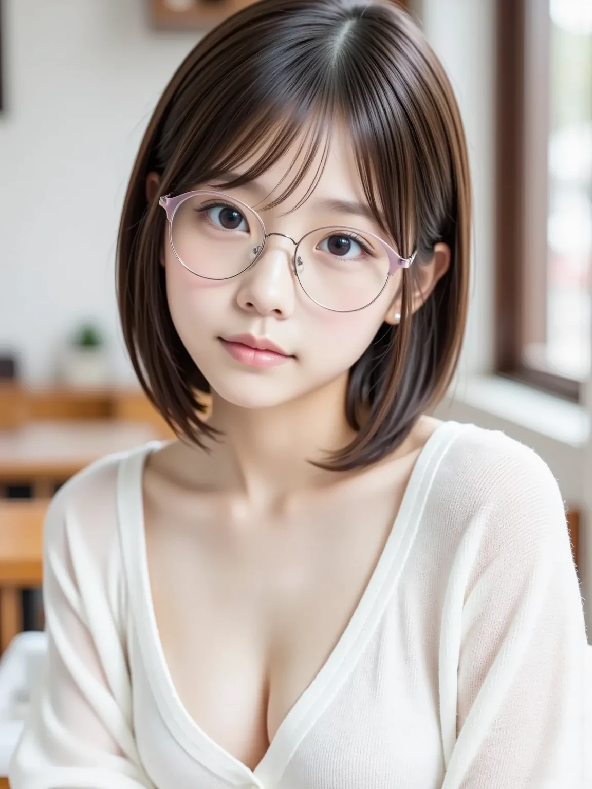 (Bob Cut Hair:1.2),(Wearing a ripped white tank top:1.8),1 person,Japanese,21 years old,(Small breasts:1.3),(Highest quality,masterpiece:1.3,Ultra-high resolution,),(Very detailedな,Caustics),(Realistic:1.4,RAW shooting,)Ultra-Realistic Capture,Very detailed,High resolution 16K human skin closeup。 Natural skin texture、,pores、、It needs to be detailed enough to be easily identifiable。 Skin tone is even and healthy looking。 Use natural light and color, Happy expression, Looking into the camera, Perfect dynamic composition, indoor、Cleavage、Earrings、Hide your chest、freckles、(Round Glasses)、(erect nipples)、Sit on the bed、Bedroom、On the bed