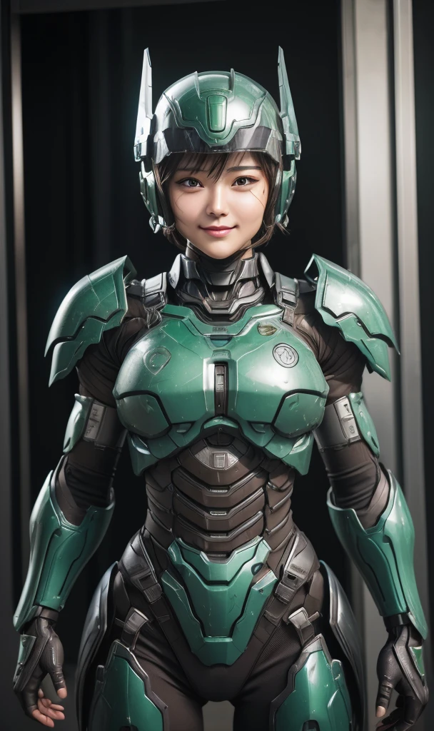 Textured Skin, theme super detailed, raised details, high quality, best quality, High resolution, 1080P, hard disk,   beautiful,(war machine),beautiful cyborg woman,DARK GREEN CYBORG MECHA GIRL,Battle mode, Man with the body of a mech, He wears a futuristic weapon of war, A mech、very short hair、brown eyes、full of sweat、 cute smiley face 