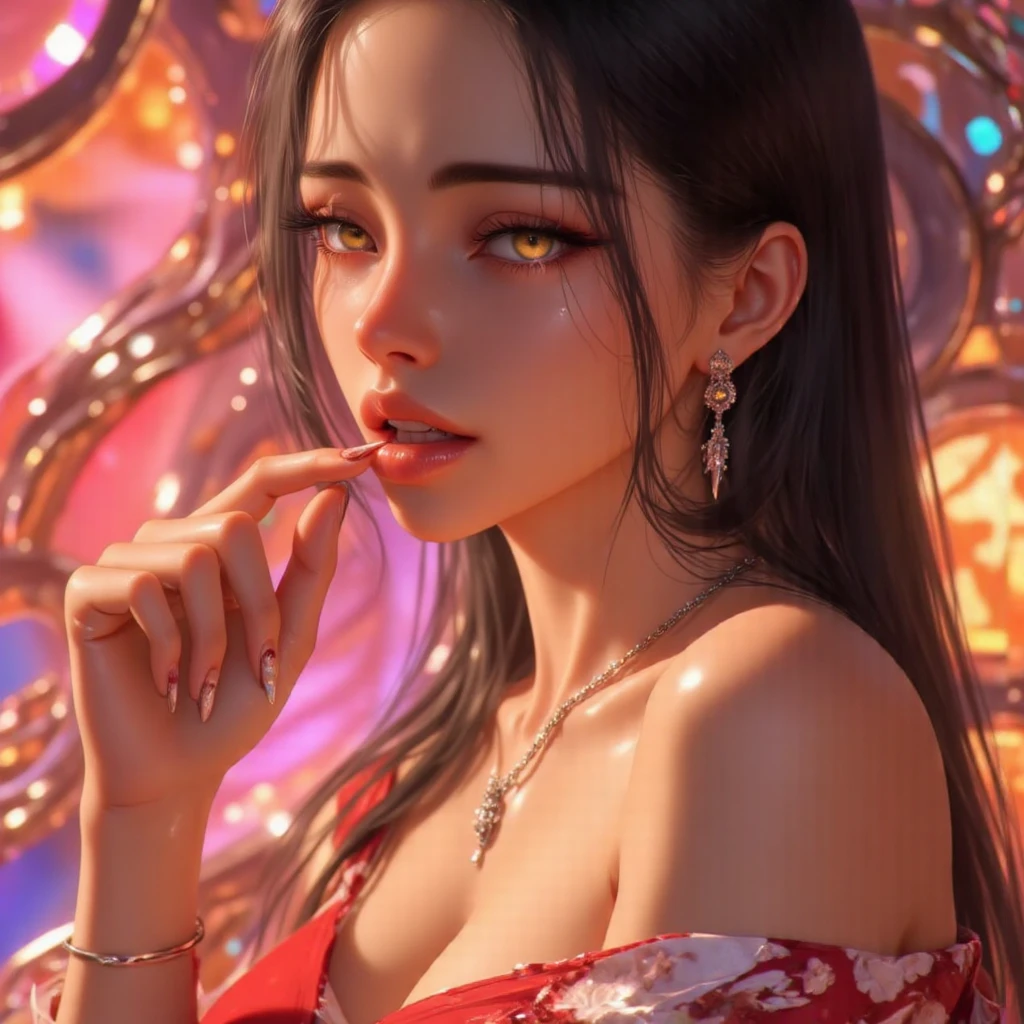 A cute sad vampire girl (Vietnamese, age 25, waif, waist length hair, violet eyes), sheer outfit, sultry pose, she just wants to drink viewers blood, why so shy?