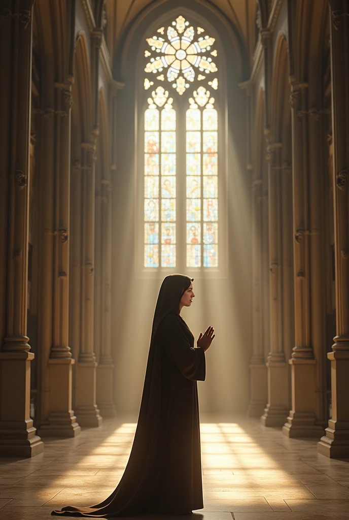 Virgin Mary in church,prayer,There is sunshine by the window,serene facial features