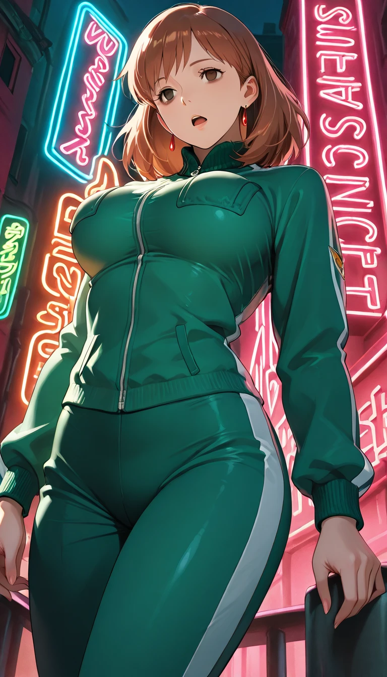 1 girl, 19 years old, Long pink hair, green eyes with slit pupils, master-piece, best quality, (standing up), (green hoodie), (long-sleeved, tight hoodie zipper dress, cleavage), (Big , ultra gigantic , Super super big, Glamorous body), Make eye contact with the camera, front figure, looking forward, (light_Smile:1.5), (Detailed hands and fingers:1.2) (Cyberpunk City), (FULL BODYSHOT), thighs thighs thighs thighs、beauty legs、Bare legs