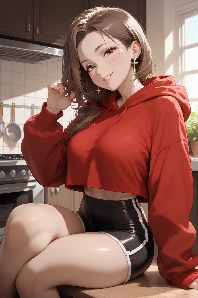 (elf girl), master piece, blushing, freckles, wide hips, slim waist, thick thighs, masterpiece, best quality, sfw, mature 36 year old woman, brown hair, moist face, wavy hair, mouth open, shiny. lips, beutiful round eyes, cropped hoodie, black hoodie, large cropped hoodie, thick hoodie, indoors, camel toe, arms up, cleavege, ponytail, standing in kitchen