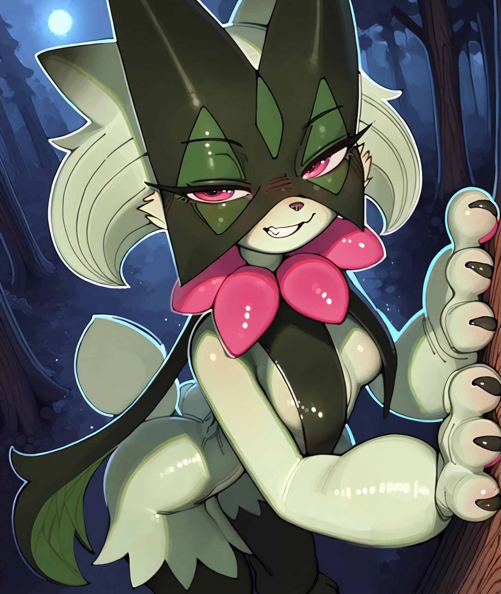((meowscarada)), ((Pixelsketcher)), ((wamudraws)), ((masterpiece)), ((high resolution)), ((solo portrait)), {(attractive figure), (green body fur), (black nose), (cat ears), (lidded eyes), (cute pink eyes), (long eyelashes), (claws), (cute grin)}, {(standing), (looking at viewer)}, ((forest)), ((nighttime)), ((moonlight))