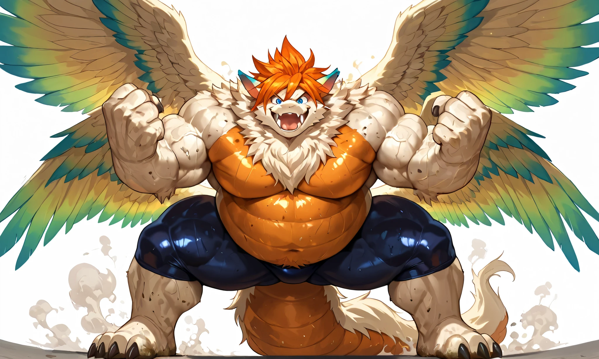 anthro flammie_mana, furred dragon, neck fur, orange hair, blue eye, orange underbelly, feathered Wings, color tipped wings, four wings, long thick tail, heavy weight bulky massive fat, giant muscular body, thick thighs, thick arms, big pectoral muscles, venis popping, spread legs wide, strong fighting pose, looking at viewer, evil smile, open mouth, large fangs, wearing black wrestling spandex, smelly steam, dirty steam, white background, fullbody standing, from below POV