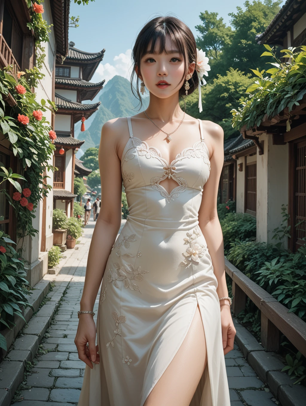 Beautiful little princess is wearing a dress, Stand on the marble staircase at the entrance to the palace, Gaze at flying dragons in the distant sky.huge tit