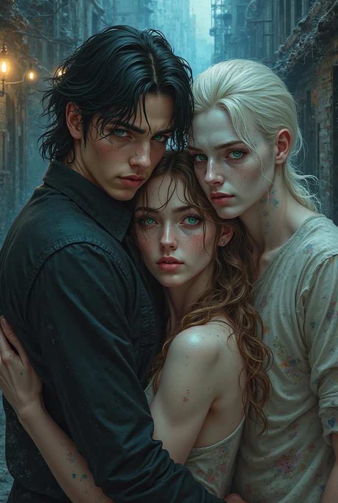 A young man with tanned skin, grey eyes and black hair wearing a black suit with a young woman with blue eyes and silver hair wearing a silver dress and a young blond man with green eyes wearing a green king outfit 
The girl in the middle the both guys looks at her but she looks at the black suit guy