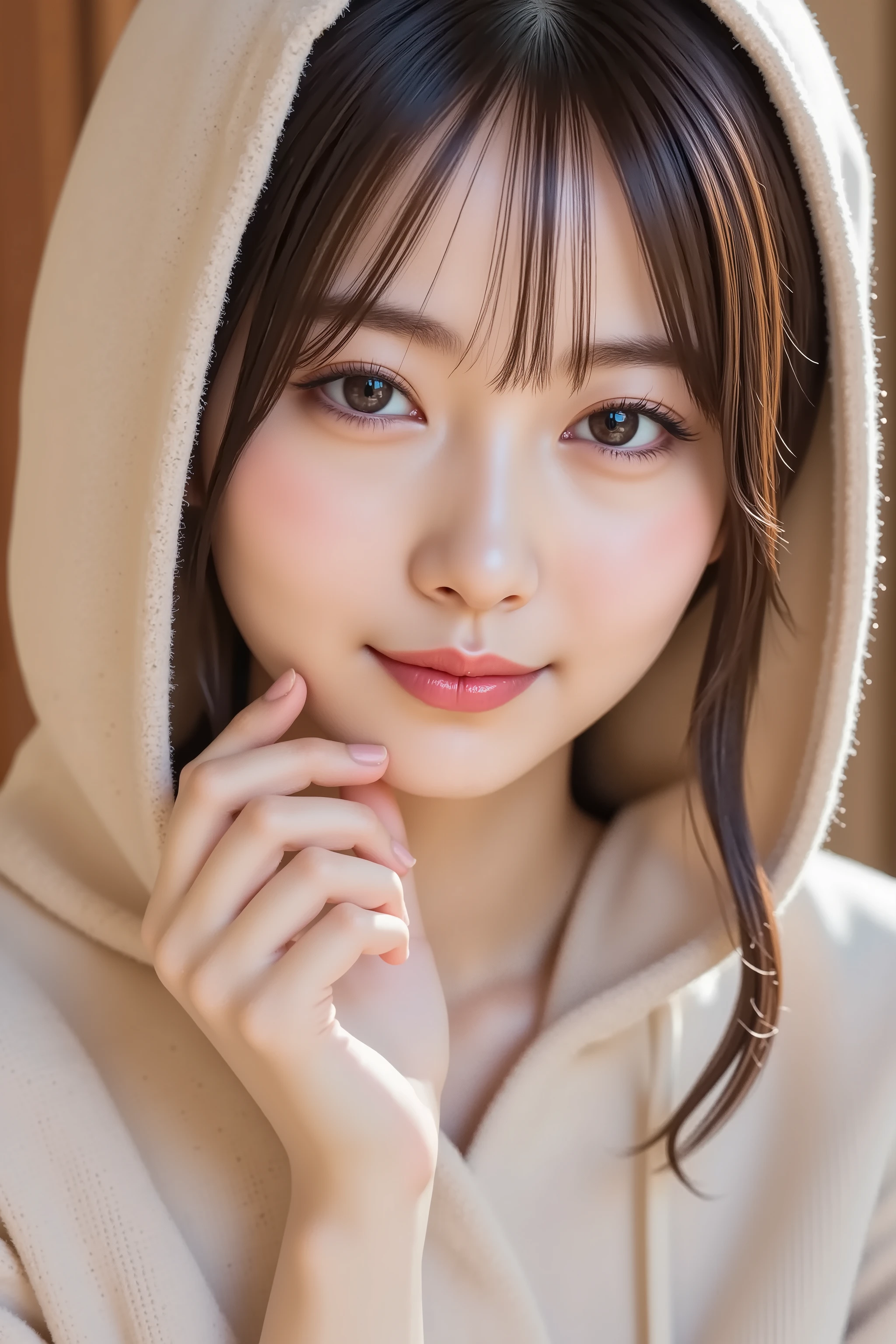 The face is positioned exactly in the center of the image , , the entire head is fully reflected , Face clearly visible、hoodie, Women's Room Background , long hair、bungs, smile, young and cute japanese face , Official Art, high image quality CG Unity 8k wallpaper,Ultra high image quality , is very well detailed, high image quality , film grain , lens flare glow , top quality ,8k, The entire head is fully reflected as a portrait shot ,8k, viewer , masterpiece,top quality ,is very well detailed, it's cute ,sexy,is very well detailedな,detailware features ,beautiful, illustration , beautiful Japanese woman, ladies 1 , Tight Chest