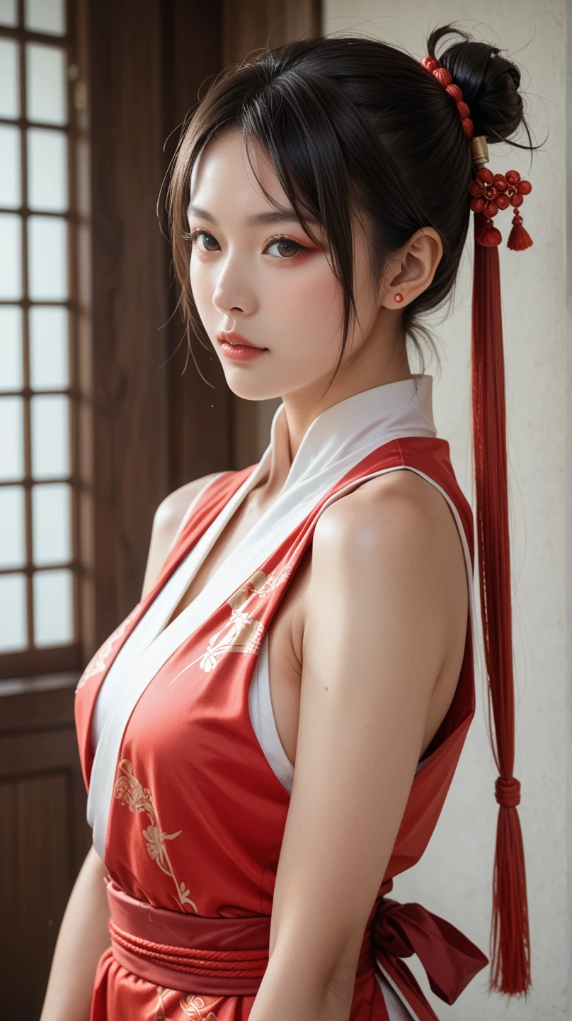 tmasterpiece,Wear a fun Chinese costume,Photorealsitic,1girll,Raised sexy,Hair is tied with headbands on both sides,Royal sister,big breasts beautiful