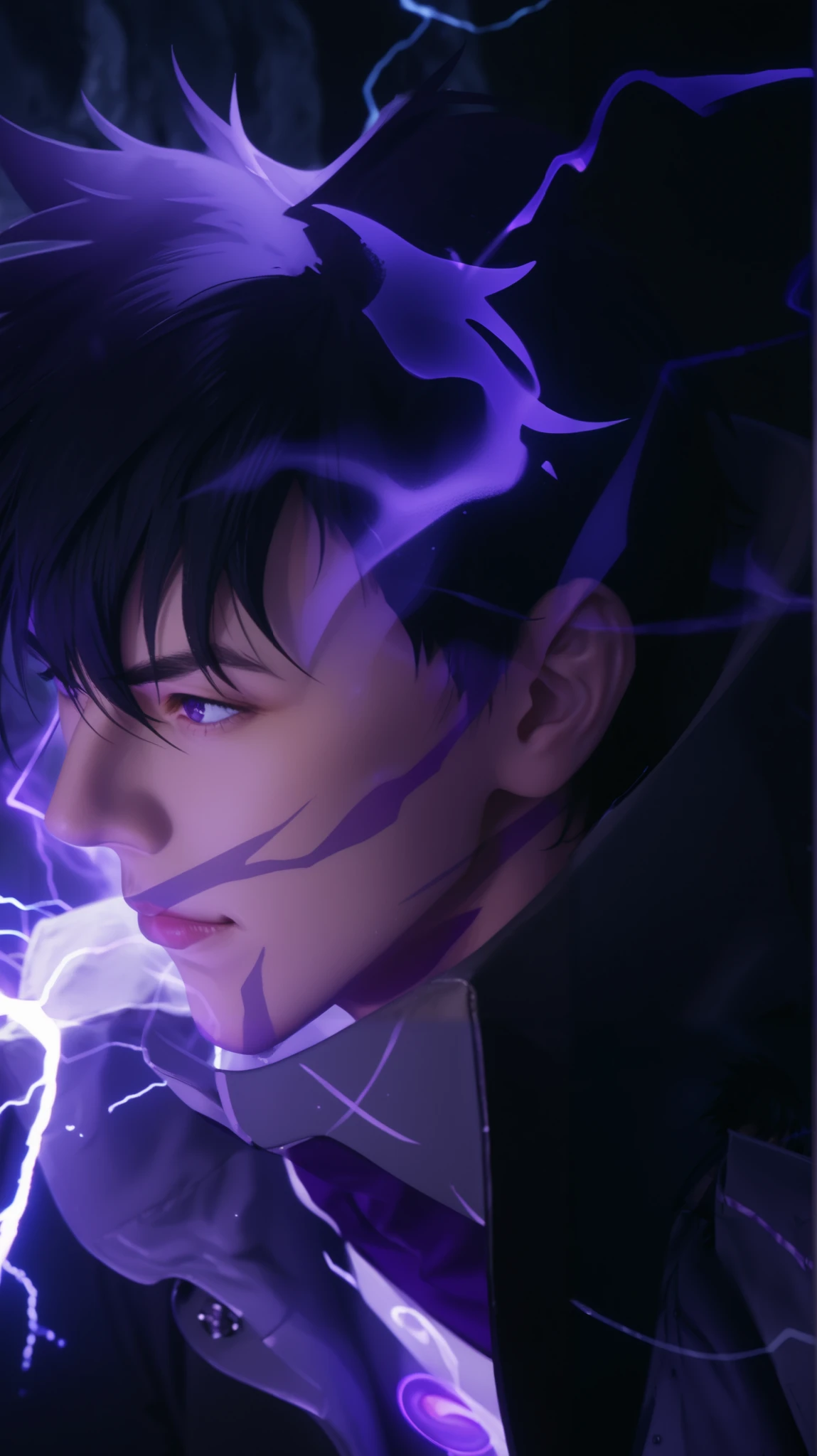 Sung Jin-Woo from Solo Leveling, depicted in a dynamic battle pose, with a dark and intense expression, slightly smirking. His black hair is messy, with vibrant purple lightning coursing through it, crackling with energy. He wears a long, flowing black trench coat infused with shadows and aura, blending into the darkness around him. His eyes glow menacingly, exuding overwhelming power. The background swirls with dark ethereal mist and shadowy figures forming behind him, with a storm of purple energy crackling in the air. His hand wields a dark, curved dagger, reflecting the eerie glow of his shadow aura. Epic anime style, highly detailed, cinematic lighting, ultra-dynamic composition, inspired by Solo Leveling, dramatic close-up shot, ultra-sharp textures, 8K resolution --ar 16:9 --v 6 --style raw --q 2 --stylize 750