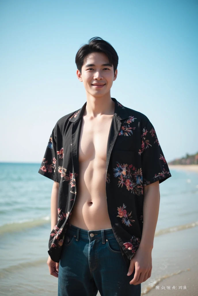 Inaki Godoy, smiling, One Piece live action Luffy, A hyper-realistic, 1 boy, cute boy, Mexican boy face, Ulzzang curly hairstyle, straw hat, shirtless, tanned skin, sweaty skin, armpit, skinny body, Ulzzang boy, beach background