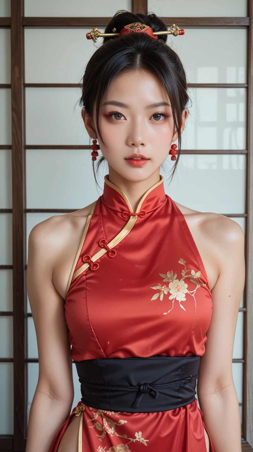 a matural female,on cheongsam,Full-HD,3D,Super short cheongsam,Bare chest,cleavage,full bodyesbian,Artistic photos,photorealestic,realskin,Purple and white printed cheongsam