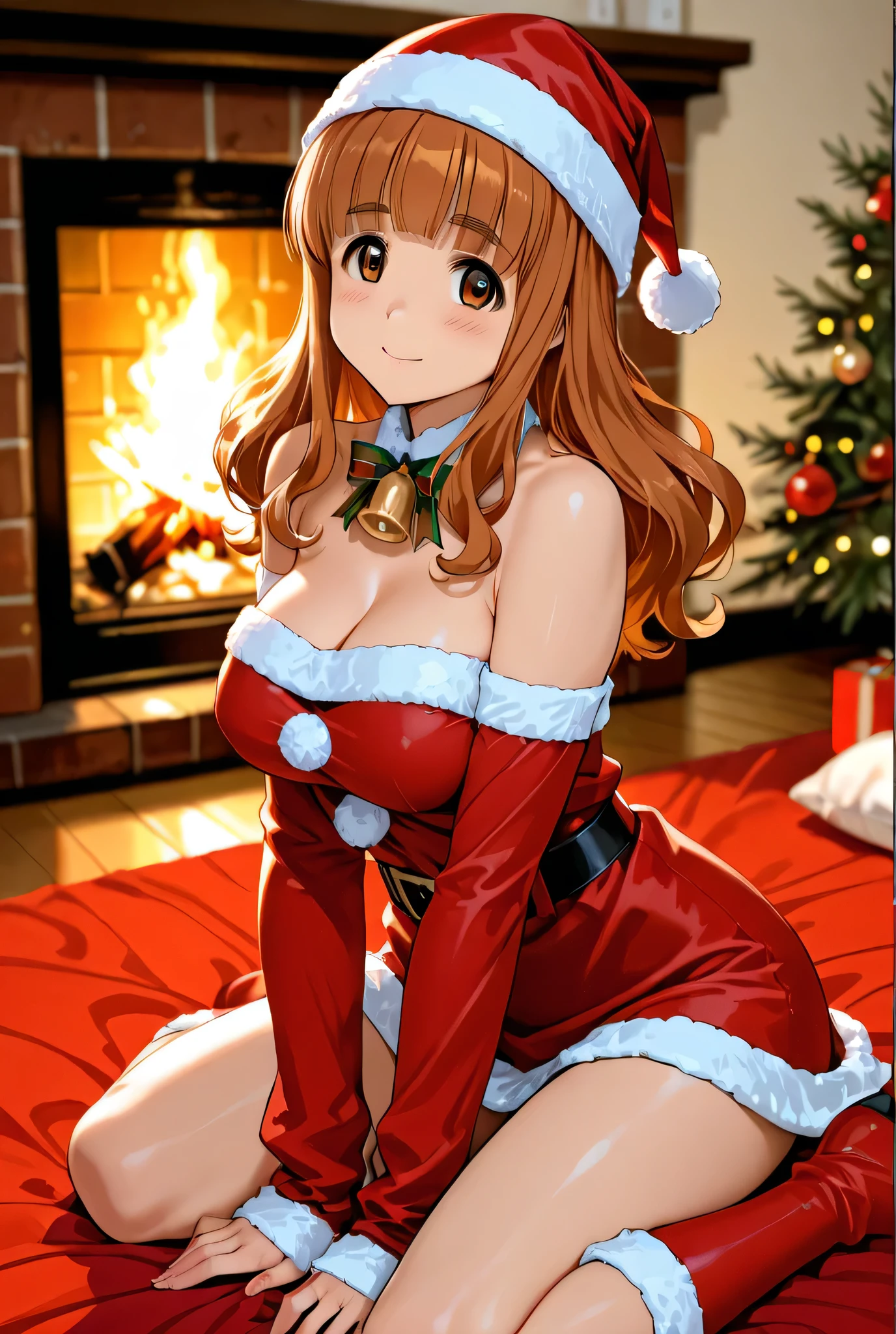 ((highest quality)), ((masterpiece)), (Miniskirt Santa Details),Hold with left hand、White panties、(White panties:1.5) Perfect Face、Beautiful bust skirt、Wearing only a miniskirt Santa dress、Spread your legs、show White panties,sexy
