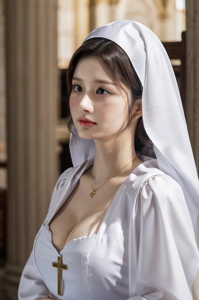 top-quality,Beautiful detailed nun,Bewitching face,Korean model,long lashes,Wearing a long black lace dress,Hide your mouth with a lace cloth,Detailed details,Colossal tits,With cleavage,stares at the camera、palatial palace