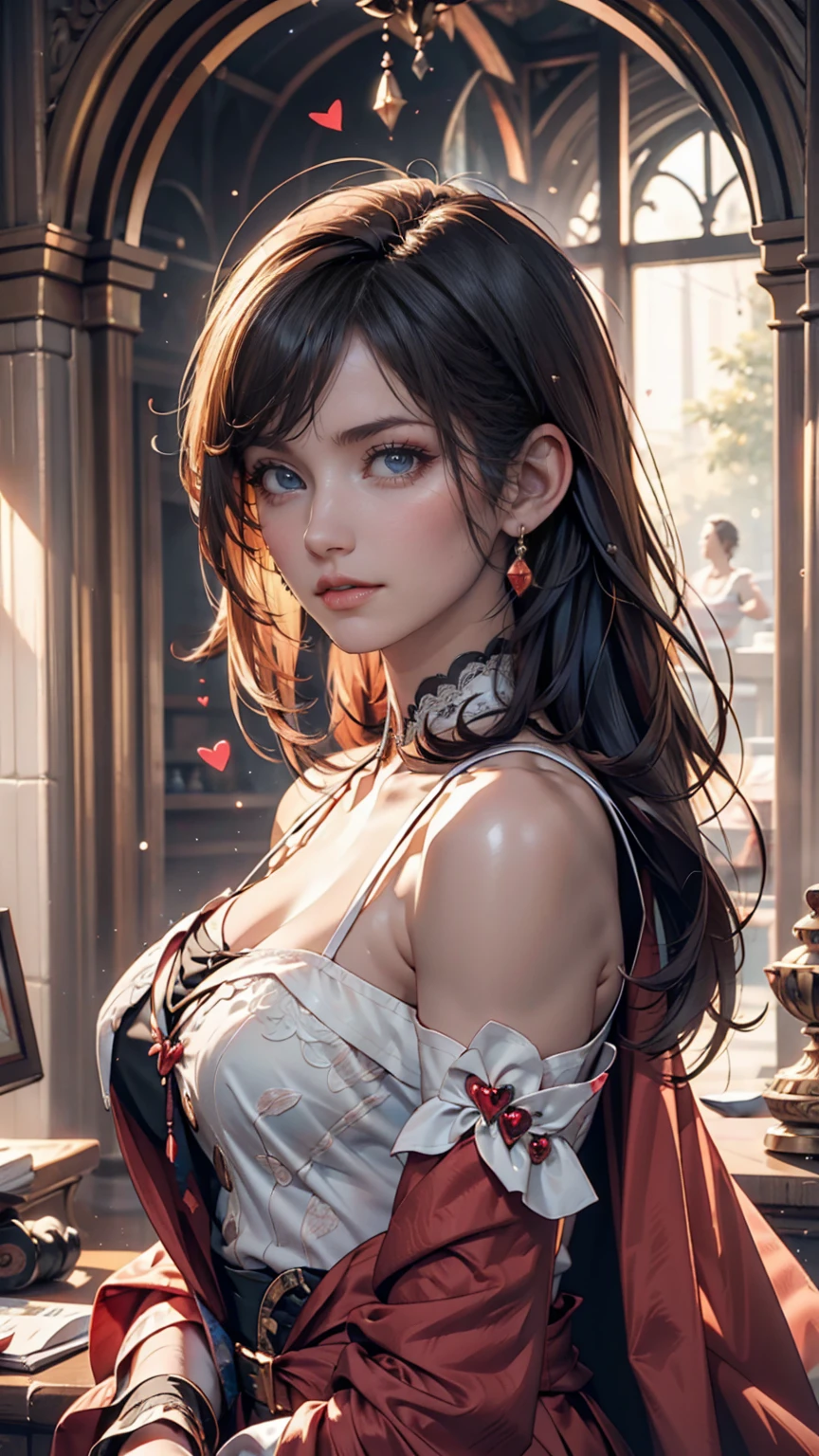 (photo of female citizen:1.3) 1girl, solo, medium breasts, looking at viewer, smile, hair ornament, cleavage, dress, bare shoulders, jewelry, collarbone, upper body, red hair, flower, teeth, solo focus, hair flower, necklace, blurry, strapless, tattoo, depth of field, blurry background, (realistic:1.3) crowd, (in a medieval tavern:1.1), 8k, cinematic, fantasy