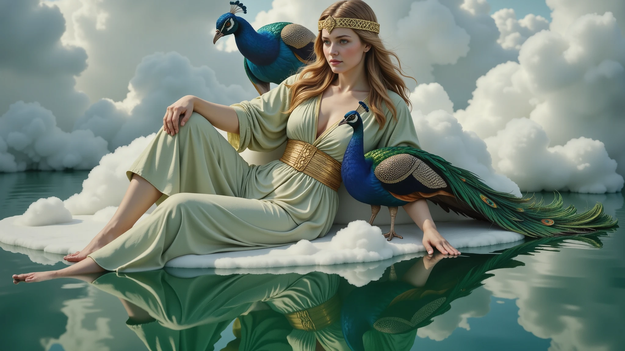 Hera seated gracefully at the edge of clouds. Surrounded by clouds. A realistic depiction of the goddess Hera, with golden hair. She is wearing a light green robe, embodying grace and divinity.  She wears a golden robe. Her crown is adorned with intricate designs inspired by peacock feathers, emphasizing her connection to the bird. Hera's appearance resembles a classical Greek statue, radiating majesty and poise. She has a furious countenance. Beside her is a beautiful peacock. The water is dark green.