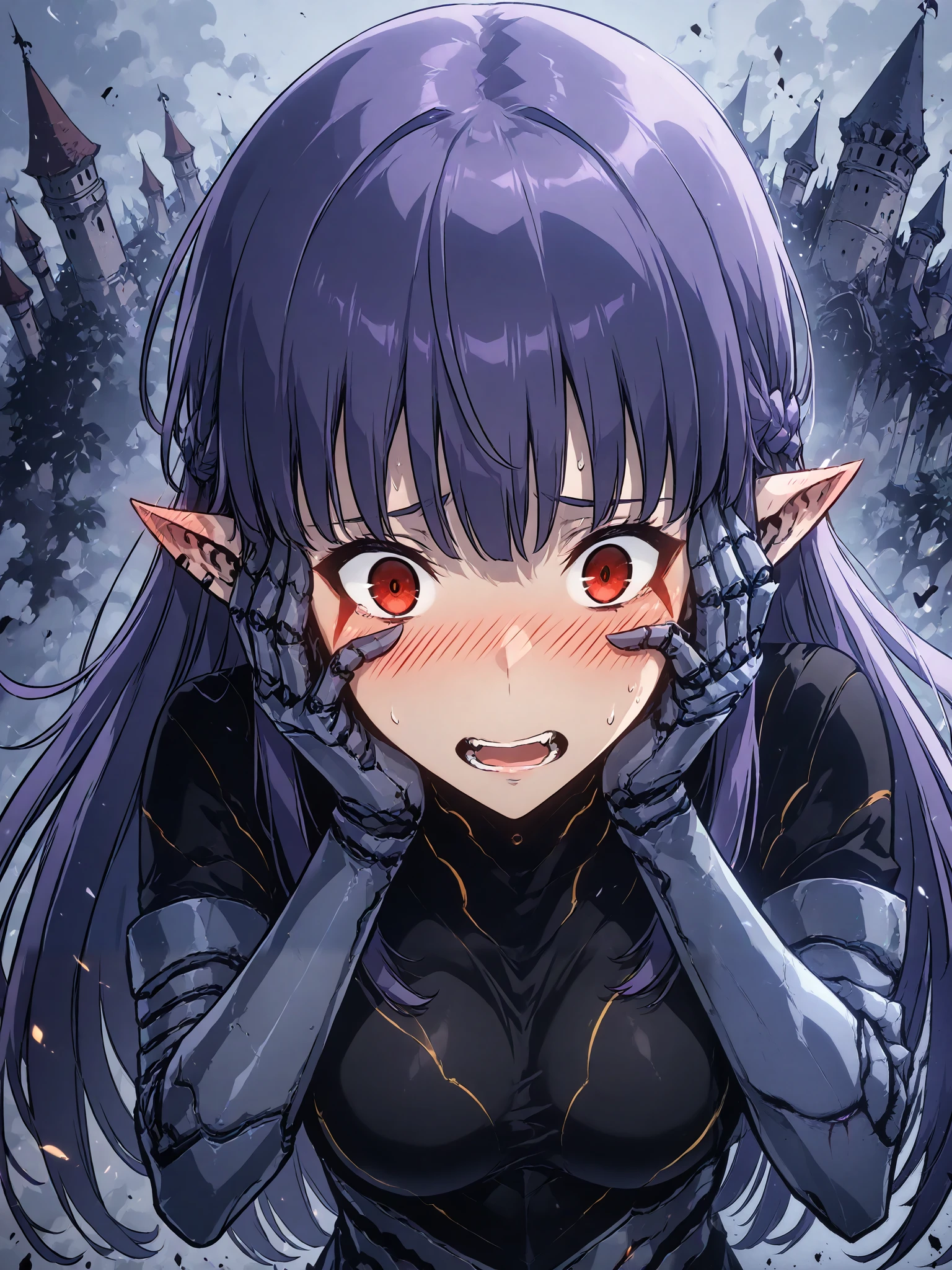1girl, solo, esil radiru, beautiful, blushing, flushed cheeks, hands on face, panicking, plain black shirt, slender body, medium breasts, highly detailed eyes, expressive eyes, natural eye shape, iris with visible details, anatomically correct, super detailed, high details, intricate details, accurate, dynamic angle, dynamic poses, highres, absurdres, (masterpiece:1.5), (best quality:1.2), amazing quality, 4k, demon castle, looking away from viewer