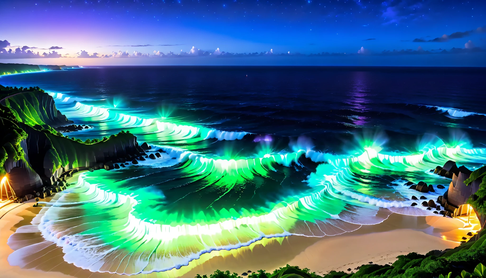 超high image quality,high image quality,high quality,Spectacular views at night,Tropical Beach, light green to bright green ，The ocean breeze is blowing，blue fluorescent beaches expand spectacular ocean views，(There are also dark purple and orange single-luminescent beaches with blue light shining over huge waves)， very mysterious and beautiful ,Glowing Waves ， night light appears on waves ， emits ，Biofluorescence，Various microorganisms are the light source, that shines steadily ， shows all kinds of light ，Glows from blue to bright blue-green、 fiery red ， Ndulu Island also has 、There are also dark purple and orange single-light beaches, Maldives，The shining Milky Way Galaxy is clearly visible in the sky,big wave,