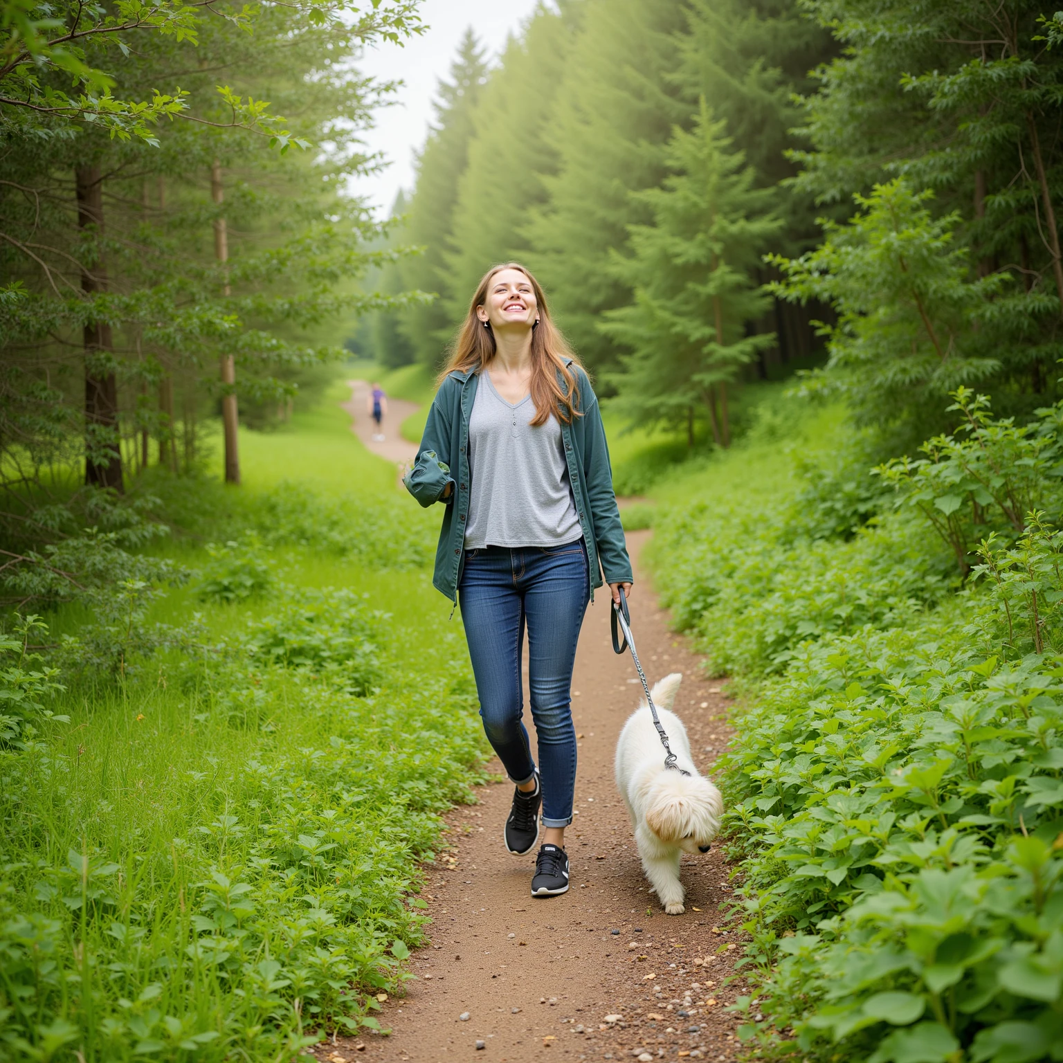 "Enjoying a walk in nature"
A person walking along a forest trail or beach, either alone or with a pet
Smiling and taking deep breaths while enjoying the fresh air
Lush greenery and vibrant natural surroundings emphasizing relaxation