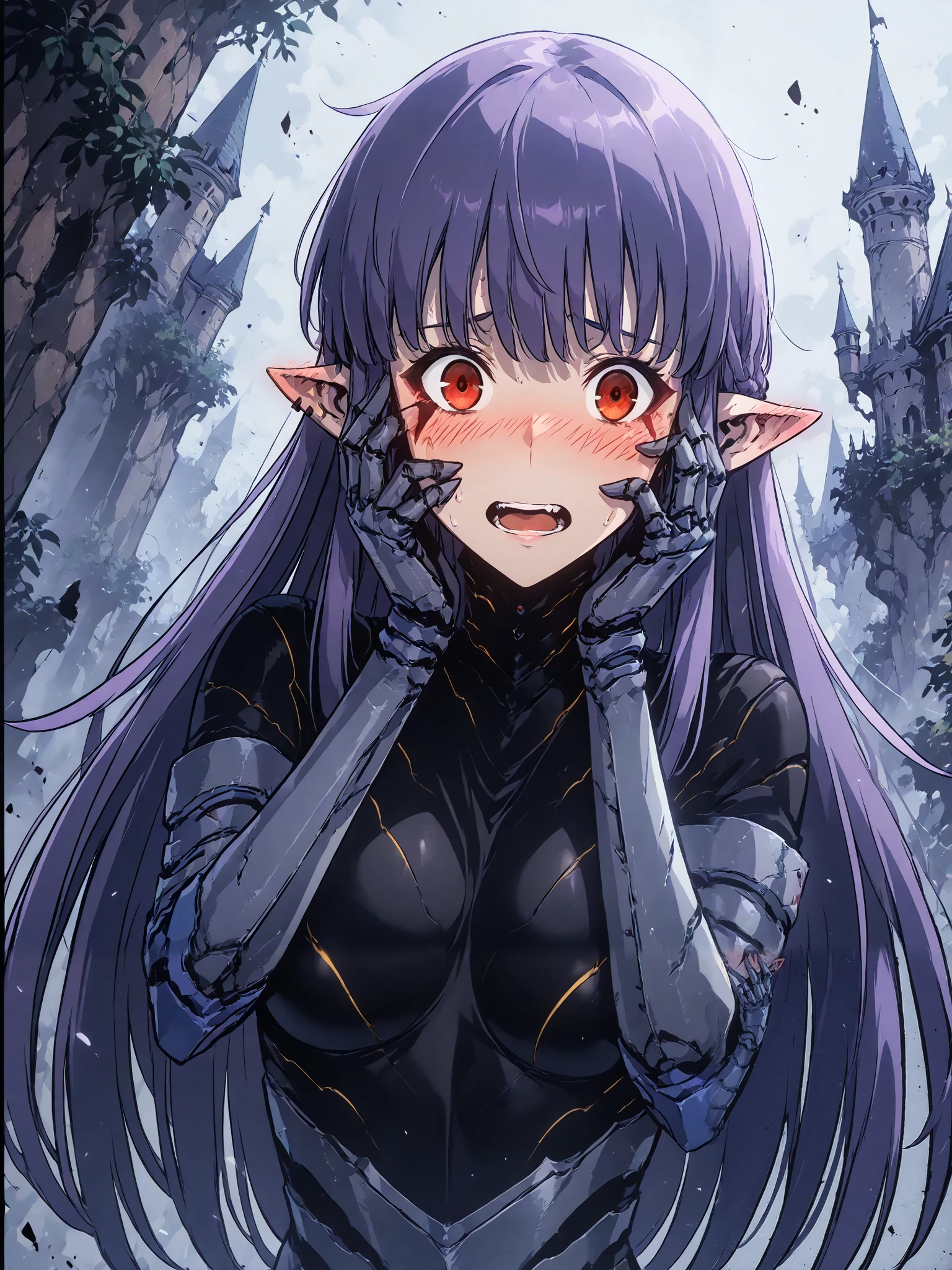 1girl, solo, esil radiru, beautiful, blushing, flushed cheeks, hands on face, panicking, plain black shirt, slender body, medium breasts, highly detailed eyes, expressive eyes, natural eye shape, iris with visible details, anatomically correct, super detailed, high details, intricate details, accurate, dynamic angle, dynamic poses, highres, absurdres, (masterpiece:1.5), (best quality:1.2), amazing quality, 4k, demon castle, looking away from viewer