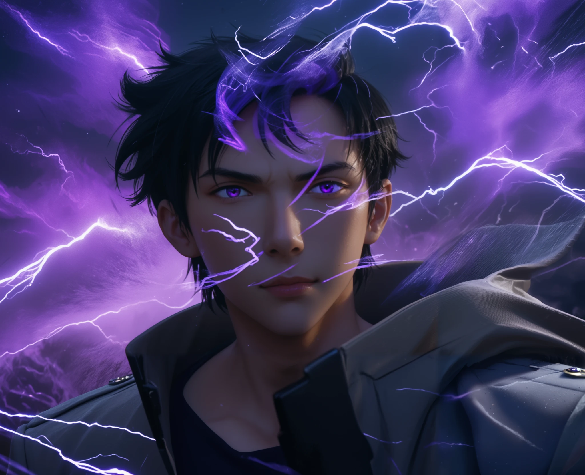 Sung Jin-Woo from Solo Leveling, depicted in a dynamic battle pose, with a dark and intense expression, slightly smirking. His black hair is messy, with vibrant purple lightning coursing through it, crackling with energy. He wears a long, flowing black trench coat infused with shadows and aura, blending into the darkness around him. His eyes glow menacingly, exuding overwhelming power. The background swirls with dark ethereal mist and shadowy figures forming behind him, with a storm of purple energy crackling in the air. His hand wields a dark, curved dagger, reflecting the eerie glow of his shadow aura. Epic anime style, highly detailed, cinematic lighting, ultra-dynamic composition, inspired by Solo Leveling, dramatic close-up shot, ultra-sharp textures, 8K resolution --ar 16:9 --v 6 --style raw --q 2 --stylize 750