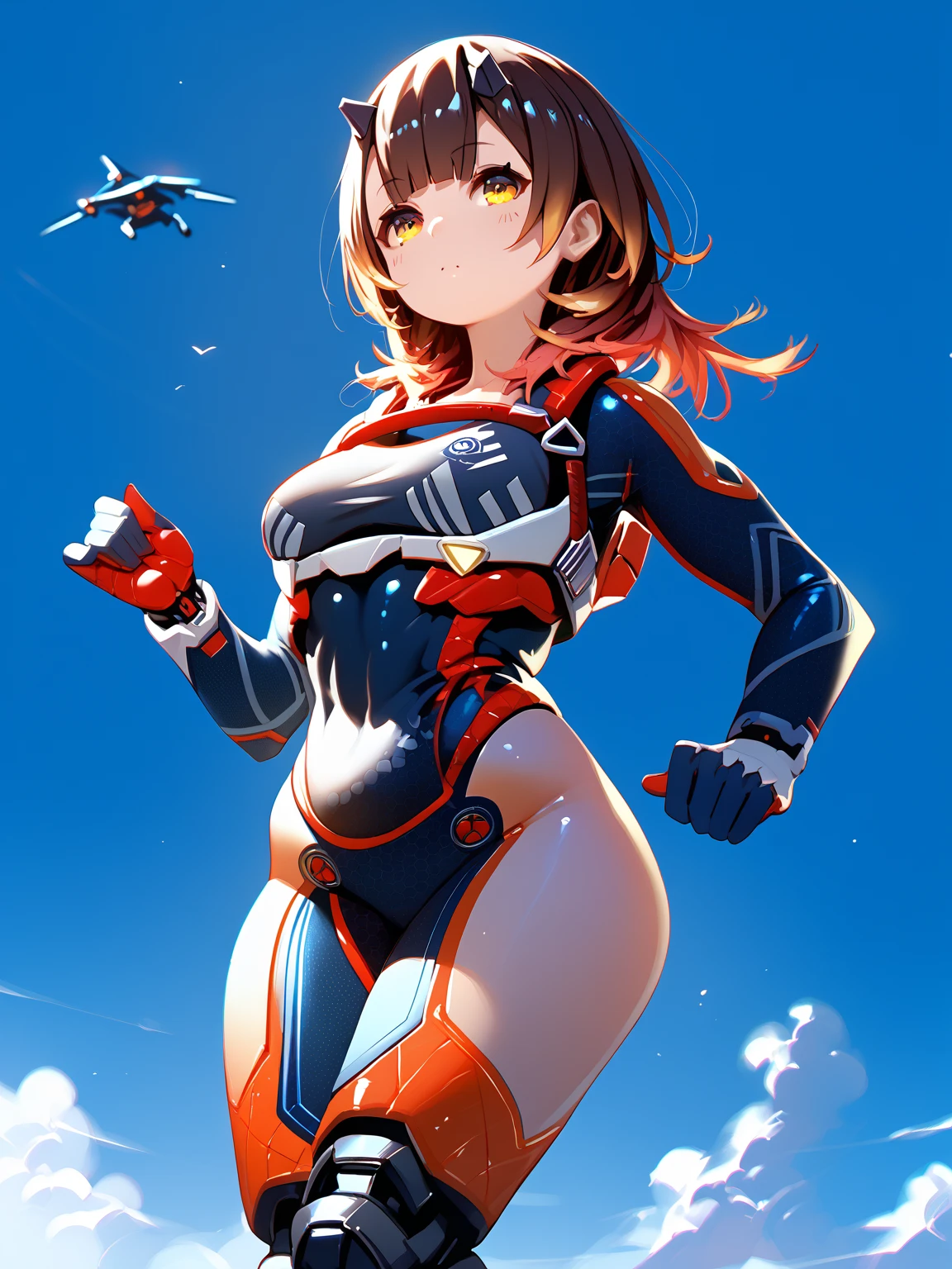 Solo, (Police Uniform, Policewoman), leotard, bare legs, superhero, boots, Lips Apart, Red Lips, Shiny Skin, Skin Dents, Best Quality, Ultra High Resolution, Red hair, Bob hair, short hair, standing, perfect anatomy, perfect hands, BREAK, spinning like a tornado, spread arms, rapid gyration