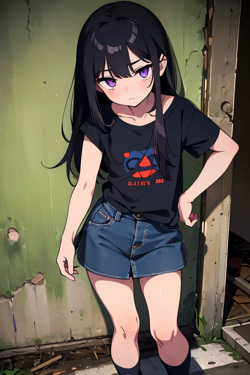 Ruins Night 8Year Old Flat Chest Black Hair Long Hair Purple Eyes ((One person)) upper body black shirt lower body navy blue denim miniskirt white panties ((panties visible)) white socks sneakers standing in ruins upper body center dynamic angle low angle from front