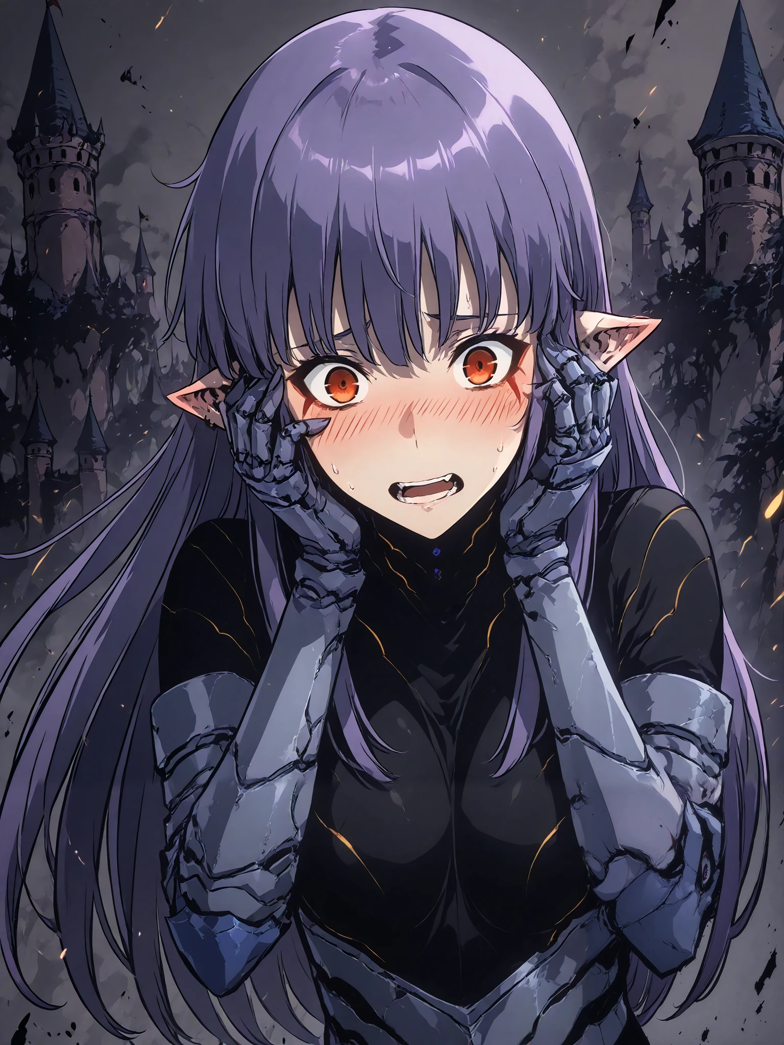 1girl, solo, esil radiru, beautiful, blushing, flushed cheeks, hands on face, panicking, plain black shirt, slender body, medium breasts, highly detailed eyes, expressive eyes, natural eye shape, iris with visible details, anatomically correct, super detailed, high details, intricate details, accurate, dynamic angle, dynamic poses, highres, absurdres, (masterpiece:1.5), (best quality:1.2), amazing quality, 4k, demon castle, looking away from viewer