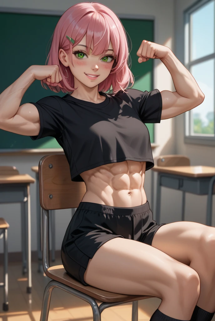 (1 girl), Alone, (Rubi Hoshino), (((Very sexy black bikini))), (standing), wearing black high heel shoes, Toned thighs, muscular belly, slim body, slender arms, wide hips , small waist, big ass, medium breasts, at school in the classroom, {{{in a bad mood}}}, (pink blonde hair, (((star-shaped white eye in the left eye))), eye reflection , glowing eyes, anime, anime style, cinematic lighting, ray tracing, panorama, Sony FE, Udisk, master piece, accurate, anatomically correct, Super Detail, high quality, very high resolution, hard disk, 16k