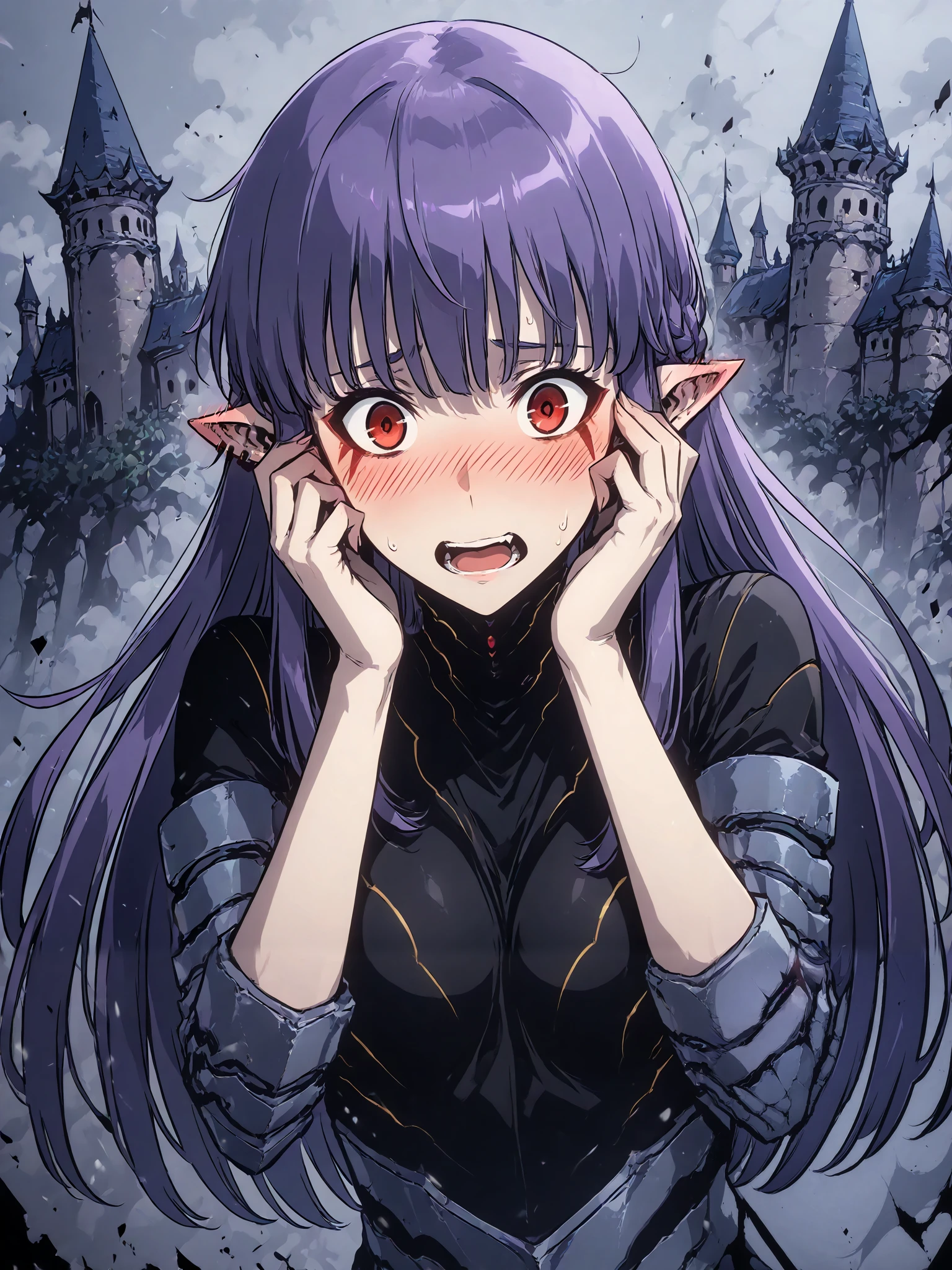 1girl, solo, esil radiru, beautiful, blushing, flushed cheeks, hands on face, panicking, plain black shirt, slender body, medium breasts, highly detailed eyes, expressive eyes, natural eye shape, iris with visible details, anatomically correct, super detailed, high details, intricate details, accurate, dynamic angle, dynamic poses, highres, absurdres, (masterpiece:1.5), (best quality:1.2), amazing quality, 4k, demon castle, looking away from viewer