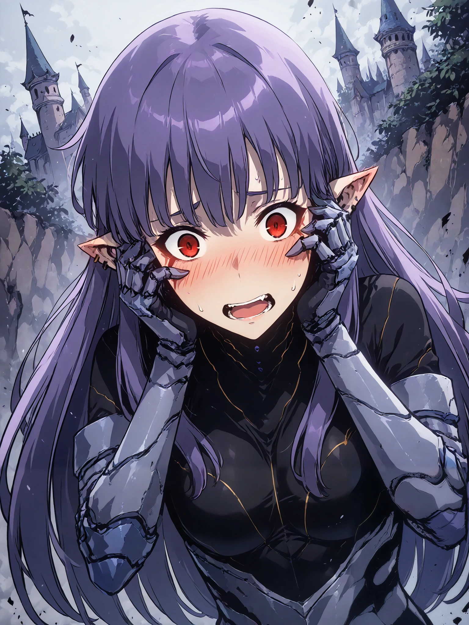 1girl, solo, esil radiru, beautiful, blushing, flushed cheeks, hands on face, panicking, plain black shirt, slender body, medium breasts, highly detailed eyes, expressive eyes, natural eye shape, iris with visible details, anatomically correct, super detailed, high details, intricate details, accurate, dynamic angle, dynamic poses, highres, absurdres, (masterpiece:1.5), (best quality:1.2), amazing quality, 4k, demon castle, looking away from viewer