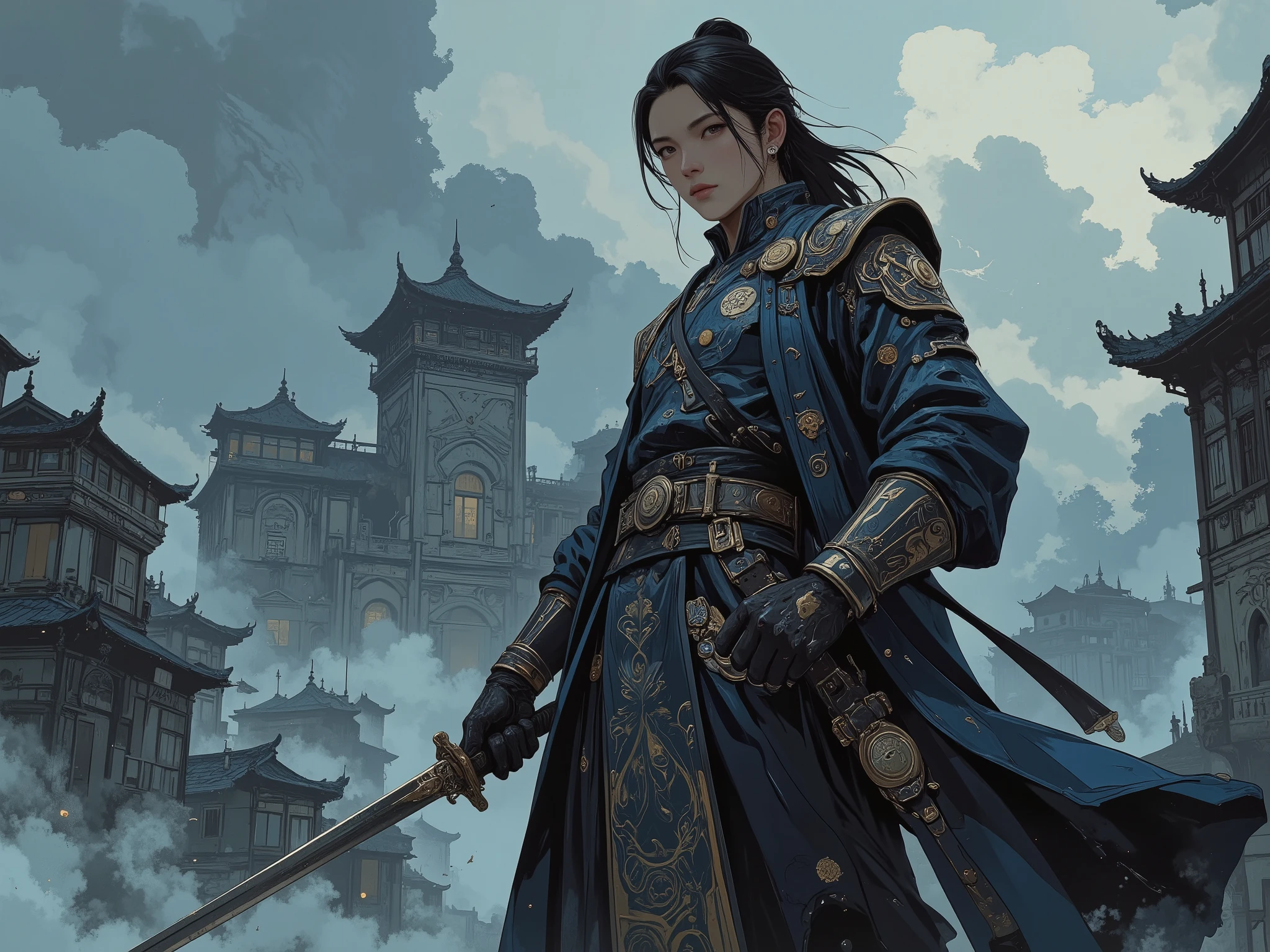 Young man (ethnicity:1.1), (age:1.1), (detailed clothing:1.2), (accessories:1.2), (facial features:1.3), (expression:1.1), (body type:1.1), (pose:1.1), in elaborate dark blue and black Chinese-style attire, holding a long sword (detailed blade:1.2), (detailed hilt:1.2). Long black hair, (detailed hair style:1.2) flowing down his back, positioned slightly off-center on the right side of the image, facing the viewer. The sword is prominently displayed, with intricate designs and embellishments. Mid-range perspective. The setting appears to be a misty, ancient Chinese town or city. (detailed stone buildings:1.1). Background features misty atmospheric haze, blurred distant buildings, and a soft, muted color palette. Soft lighting emphasizes the character, with muted tones of blue, gray, and dark tones. Digital painting style. Detailed, (photorealistic style:1.1), (sharp focus:1.1). The character is presented in a stylized, almost game-like manner. (Detailed textures:1.1).