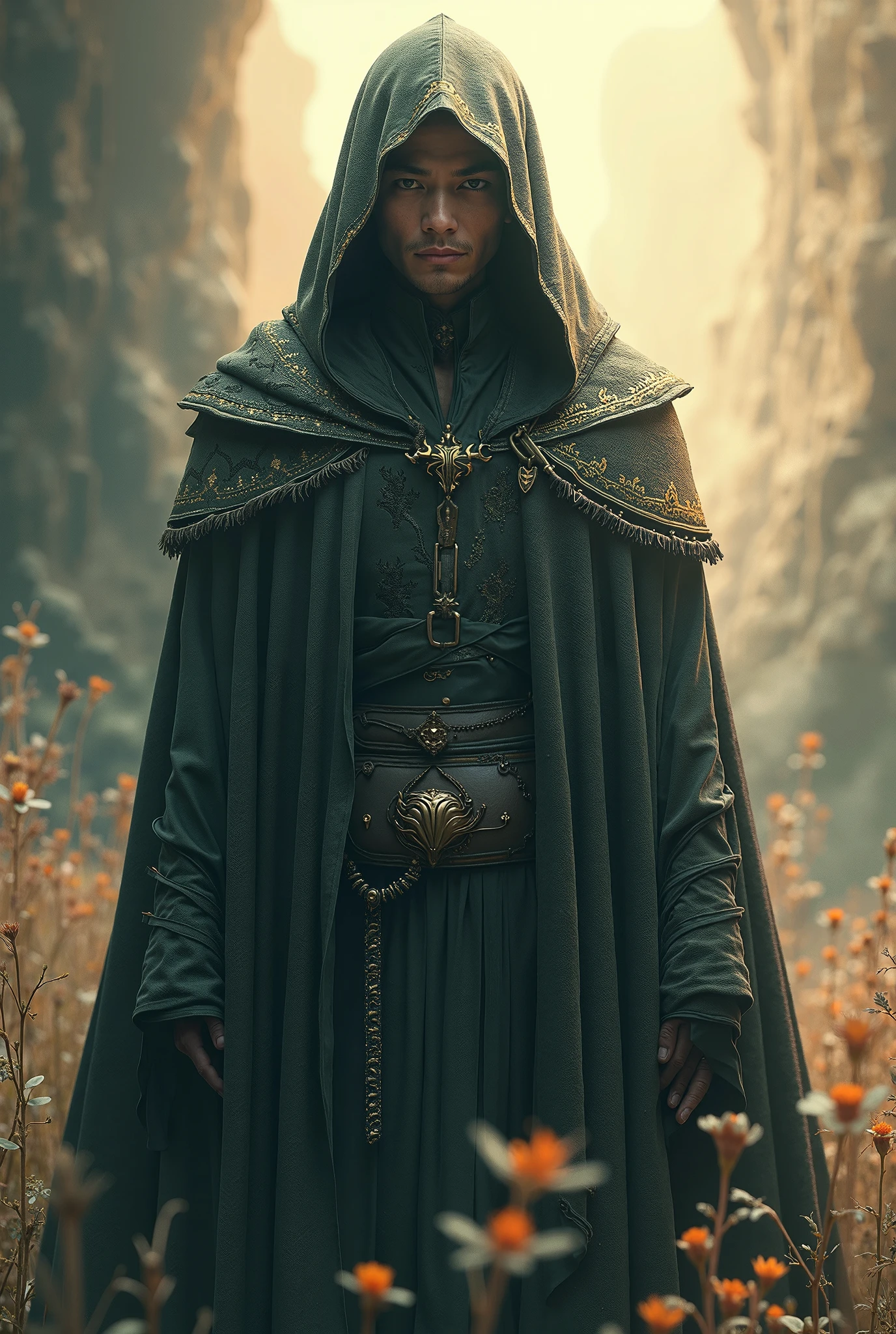Arafed man in a green cloak and hood standing in a field of flowers ...