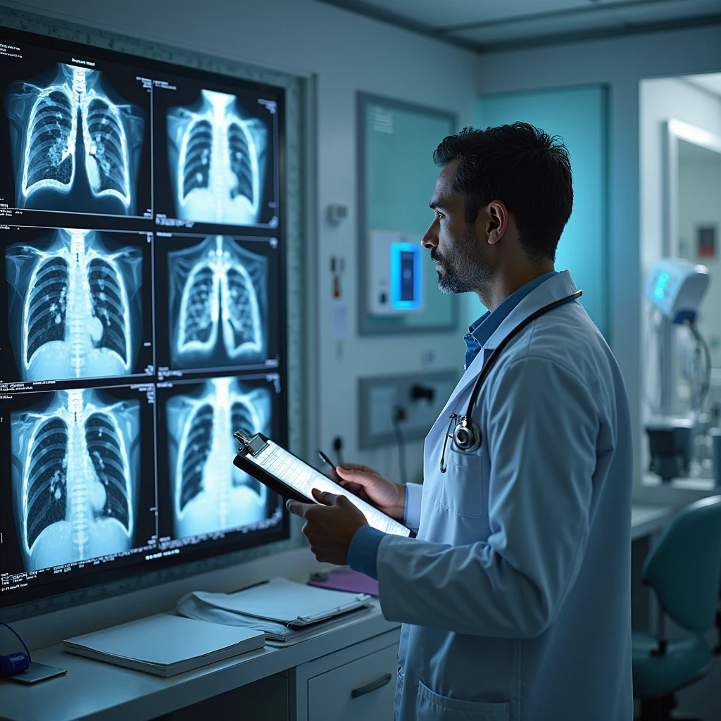 Male doctor looking at lung x-ray, without seeing the doctor&#39;s face from behind